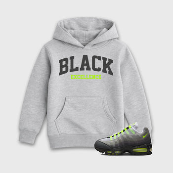 Sneakerfit graphic tee destination – Sneaker Tees To Match Air Max 95 Neon Yellow Sneakers – Varsity Black Excellence Kids T-Shirt Heather Grey 1