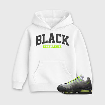 Sneakerfit graphic tee destination – Sneaker Tees To Match Air Max 95 Neon Yellow Sneakers – Varsity Black Excellence Kids T-Shirt White 1