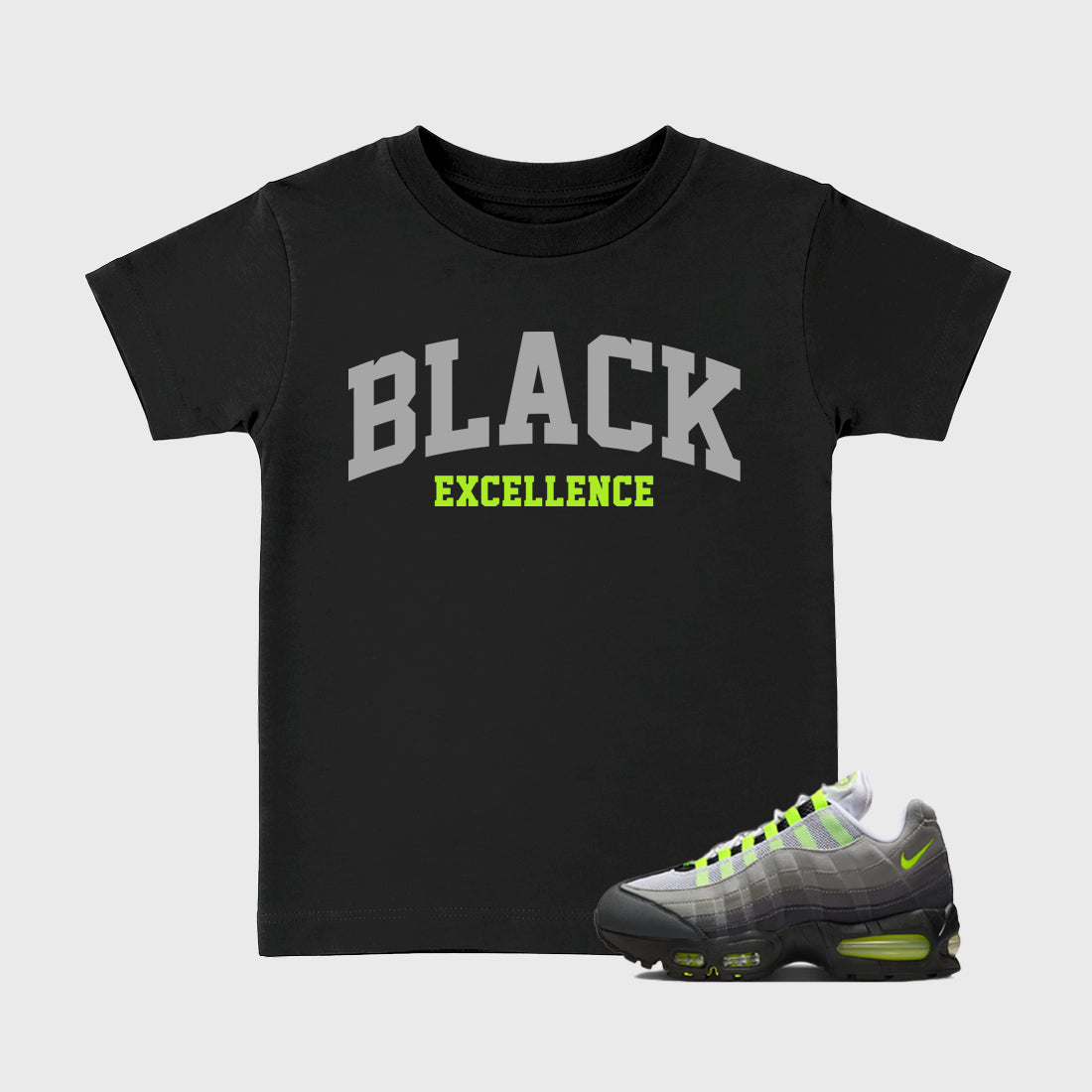Sneakerfit graphic tee destination – Sneaker Tees To Match Air Max 95 Neon Yellow Sneakers – Varsity Black Excellence Kids T-Shirt Black 1