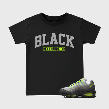 Sneakerfit graphic tee destination – Sneaker Tees To Match Air Max 95 Neon Yellow Sneakers – Varsity Black Excellence Kids T-Shirt Black 1