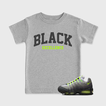 Sneakerfit graphic tee destination – Sneaker Tees To Match Air Max 95 Neon Yellow Sneakers – Varsity Black Excellence Kids T-Shirt Heather Grey 1