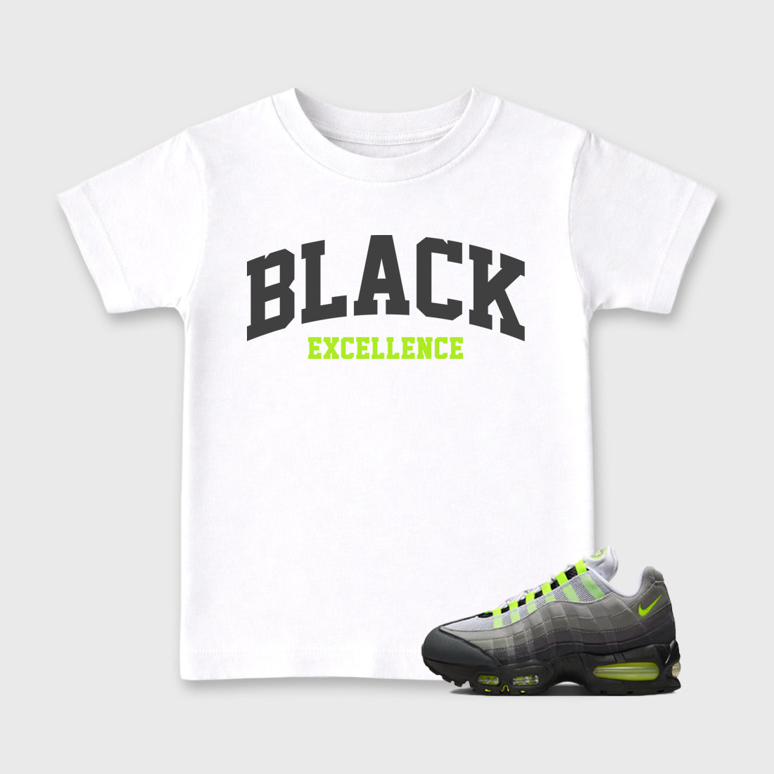 Sneakerfit graphic tee destination – Sneaker Tees To Match Air Max 95 Neon Yellow Sneakers – Varsity Black Excellence Kids T-Shirt White 1