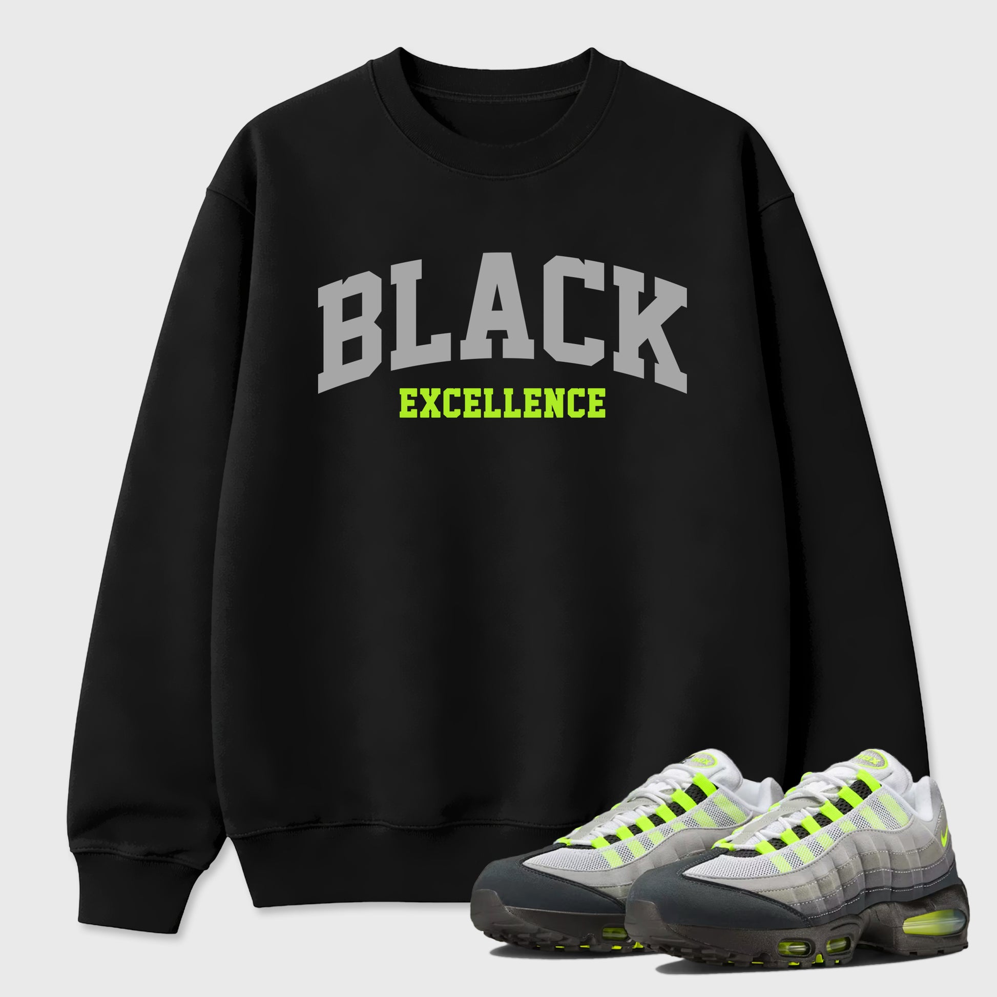Sneakerfit graphic tee destination – Sneaker Tees To Match Air Max 95 Neon Yellow Sneakers – Varsity Black Excellence Tee Black 1