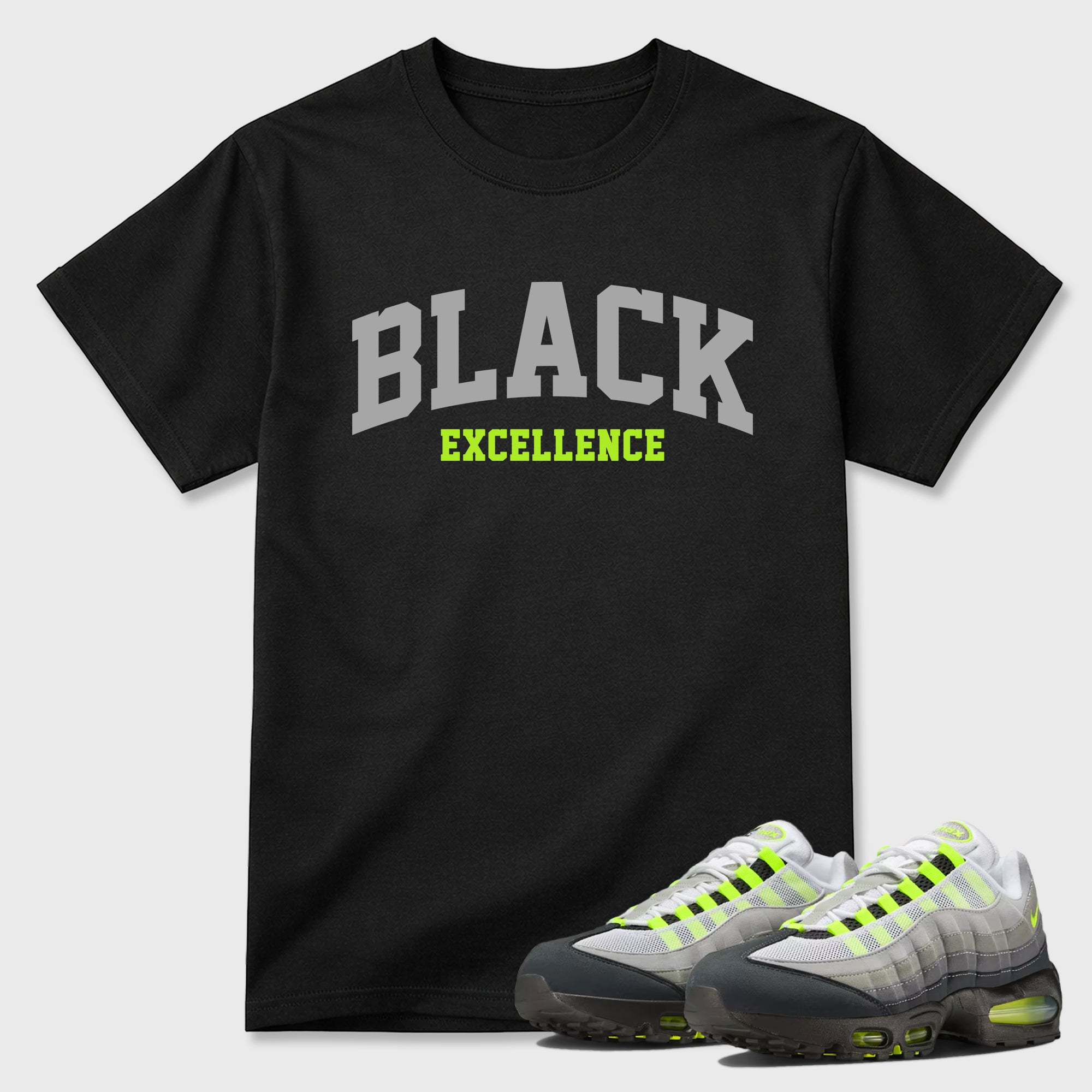 Sneakerfit graphic tee destination – Sneaker Tees To Match Air Max 95 Neon Yellow Sneakers – Varsity Black Excellence Tee Black 1