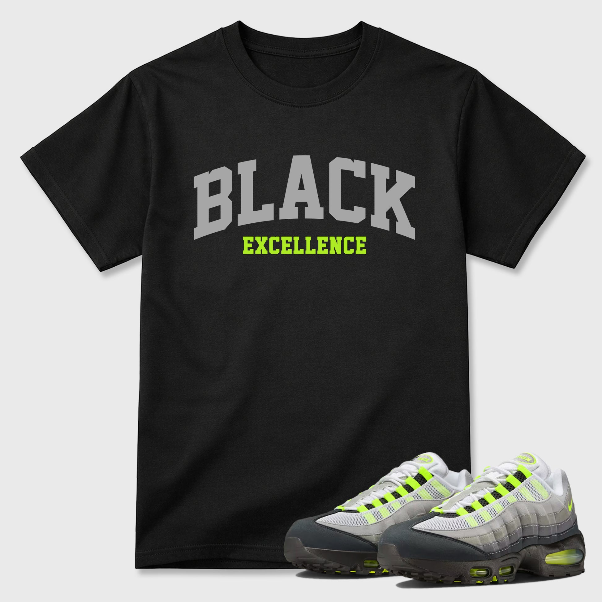 Sneakerfit graphic tee destination – Sneaker Tees To Match Air Max 95 Neon Yellow Sneakers – Varsity Black Excellence Tee Black 1