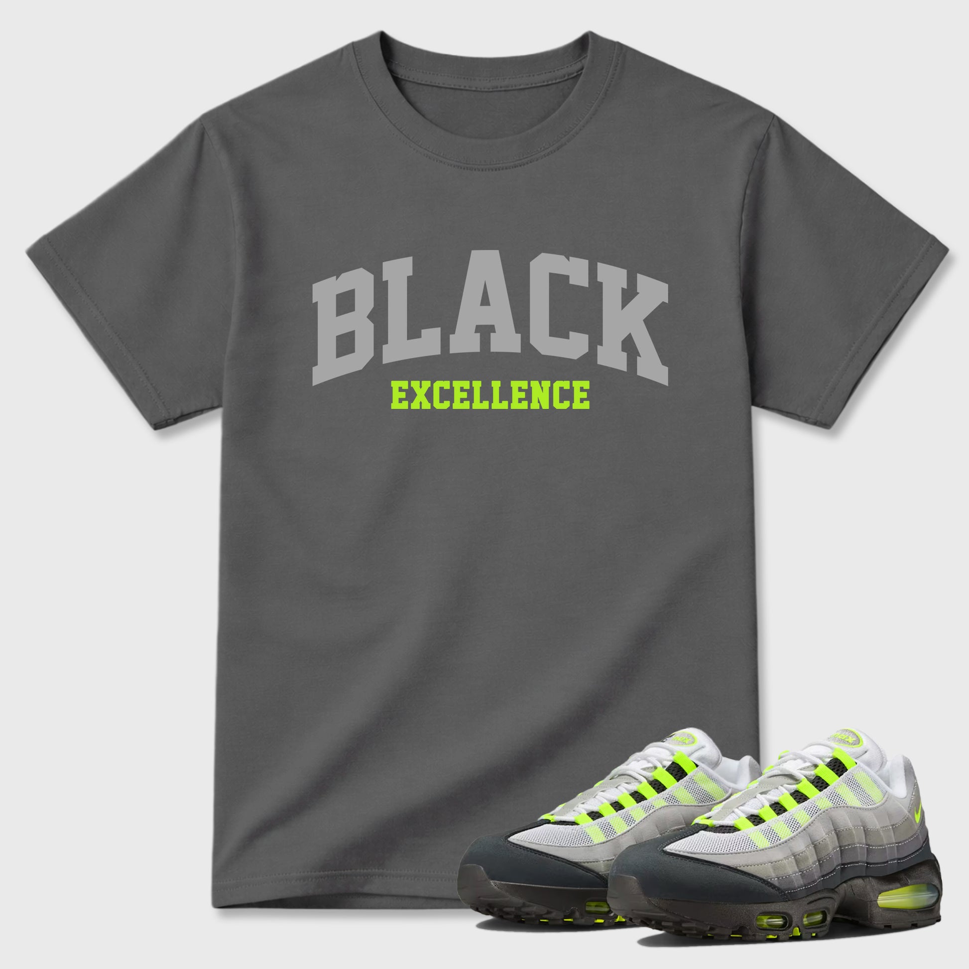 Sneakerfit graphic tee destination – Sneaker Tees To Match Air Max 95 Neon Yellow Sneakers – Varsity Black Excellence Tee Cool Grey 1