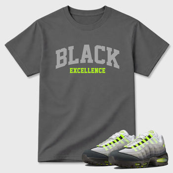 Sneakerfit graphic tee destination – Sneaker Tees To Match Air Max 95 Neon Yellow Sneakers – Varsity Black Excellence Tee Cool Grey 1