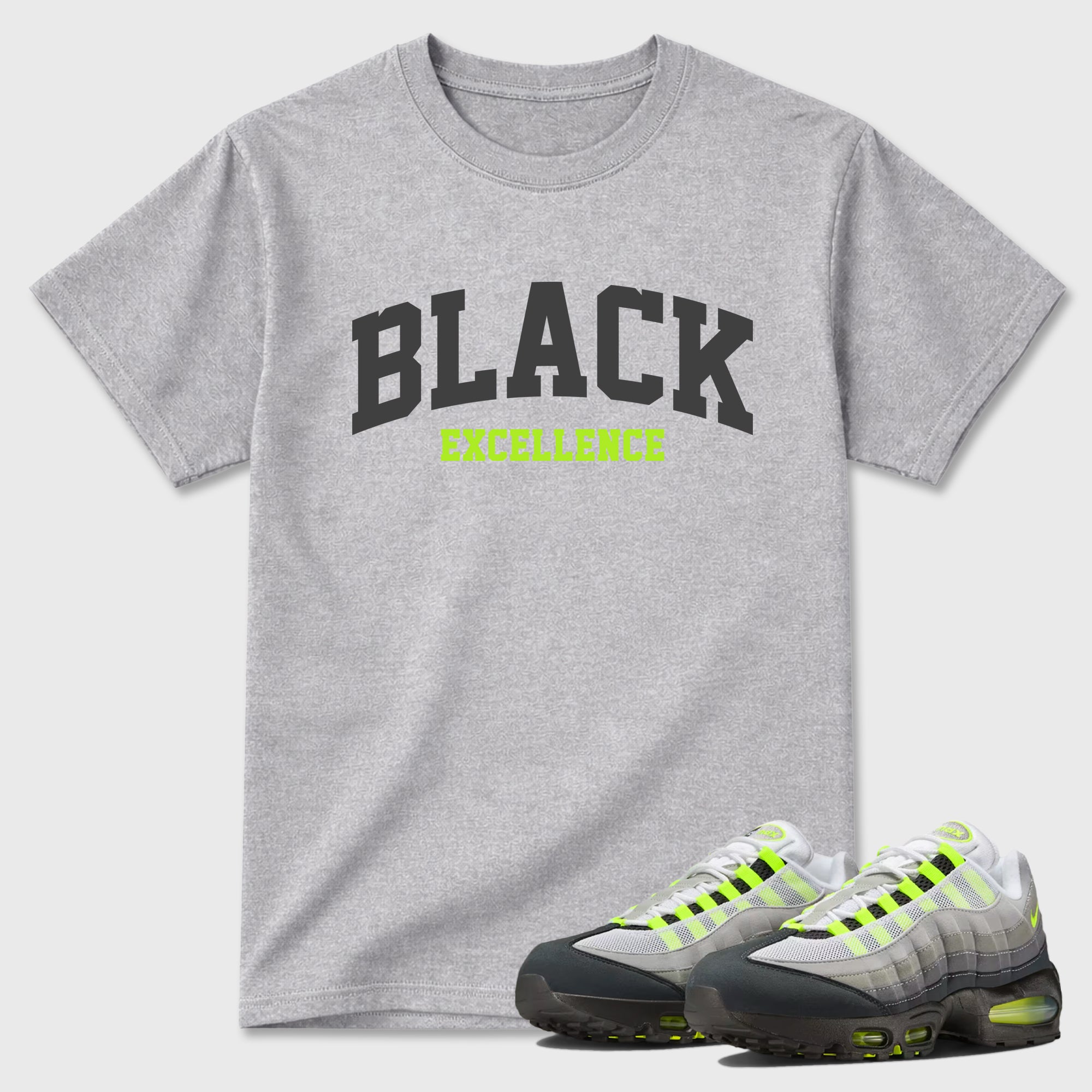 Sneakerfit graphic tee destination – Sneaker Tees To Match Air Max 95 Neon Yellow Sneakers – Varsity Black Excellence Tee Heather Grey 1