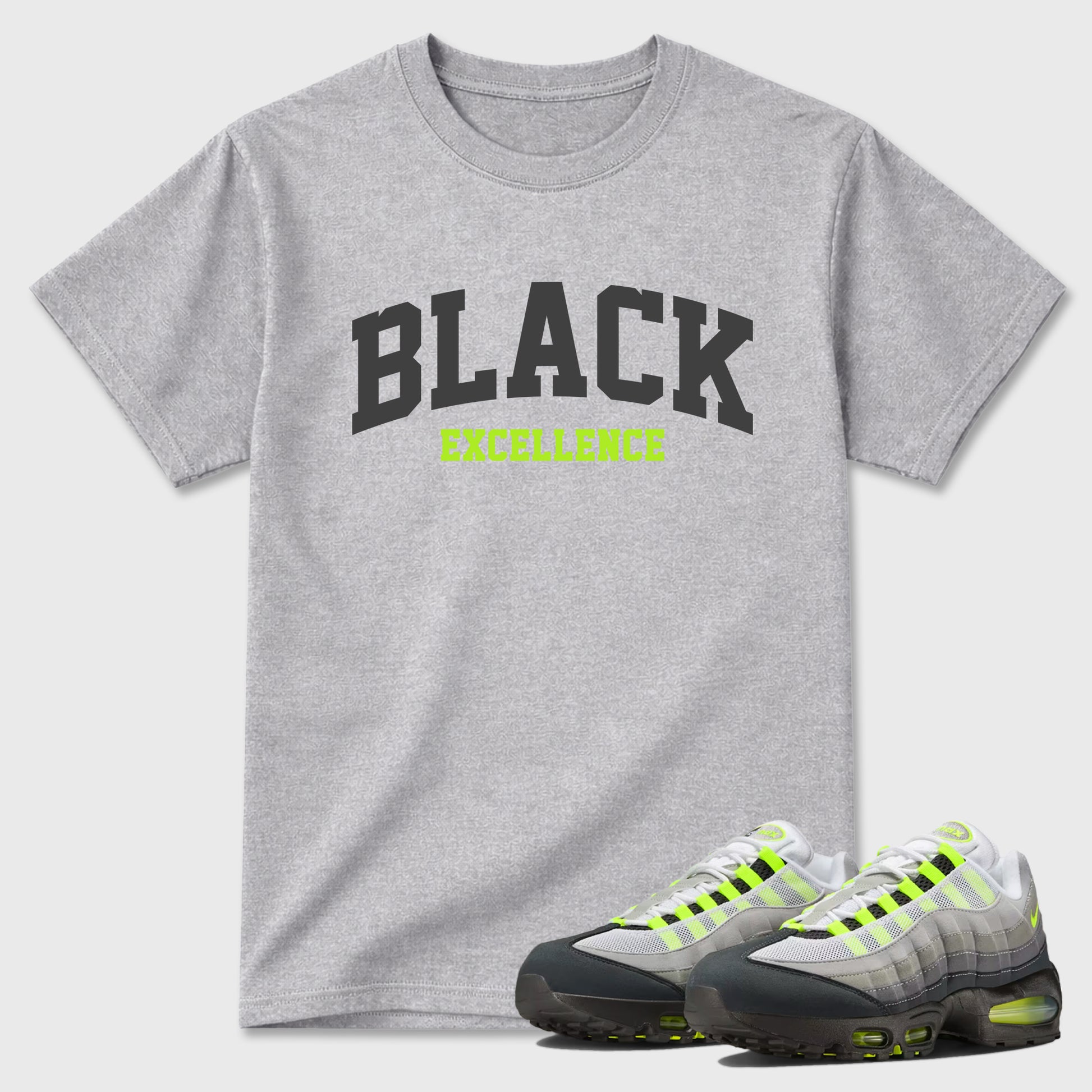 Sneakerfit graphic tee destination – Sneaker Tees To Match Air Max 95 Neon Yellow Sneakers – Varsity Black Excellence Tee Heather Grey 1