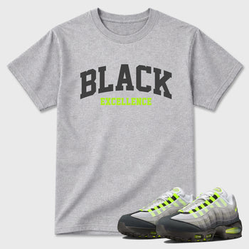 Sneakerfit graphic tee destination – Sneaker Tees To Match Air Max 95 Neon Yellow Sneakers – Varsity Black Excellence Tee Heather Grey 1