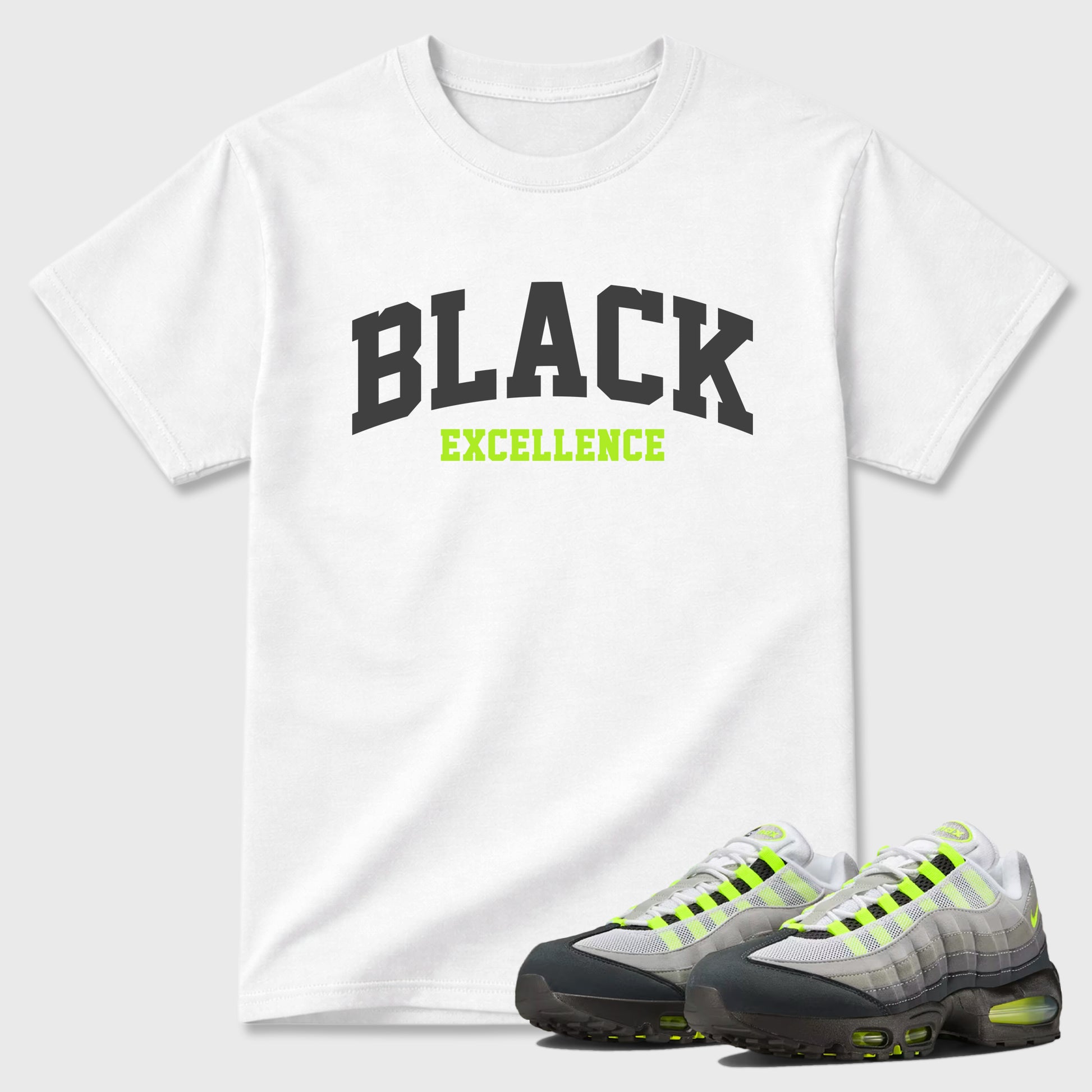 Sneakerfit graphic tee destination – Sneaker Tees To Match Air Max 95 Neon Yellow Sneakers – Varsity Black Excellence Tee White 1