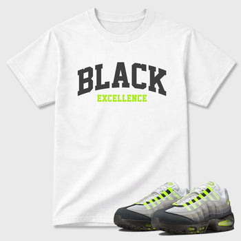 Sneakerfit graphic tee destination – Sneaker Tees To Match Air Max 95 Neon Yellow Sneakers – Varsity Black Excellence Tee White 1