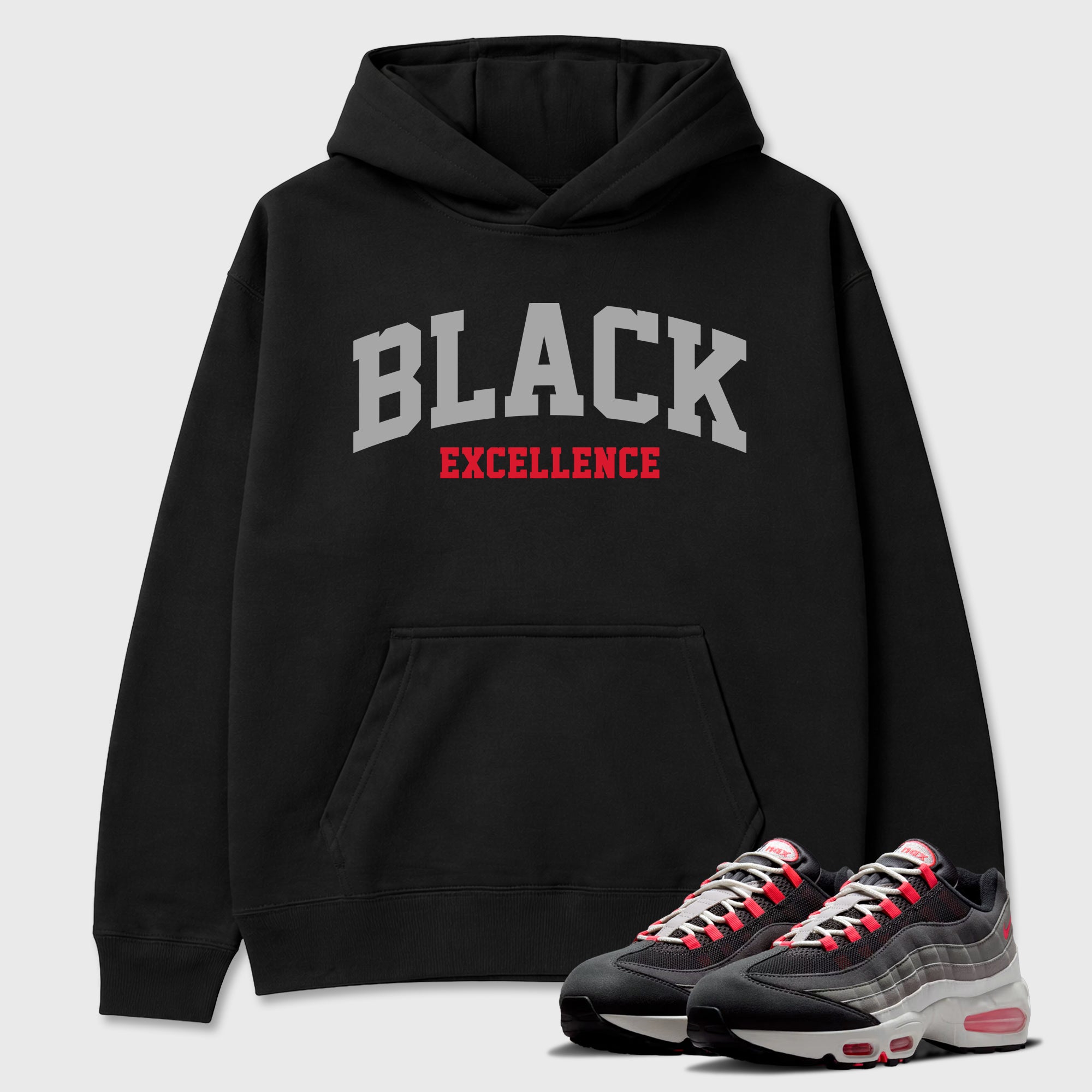 Varsity Black Excellence Graphic T-Shirt featuring original streetwear artwork designed to match the Air Max 95 Reverse Solar Red. Black 1 Graphic Tee.