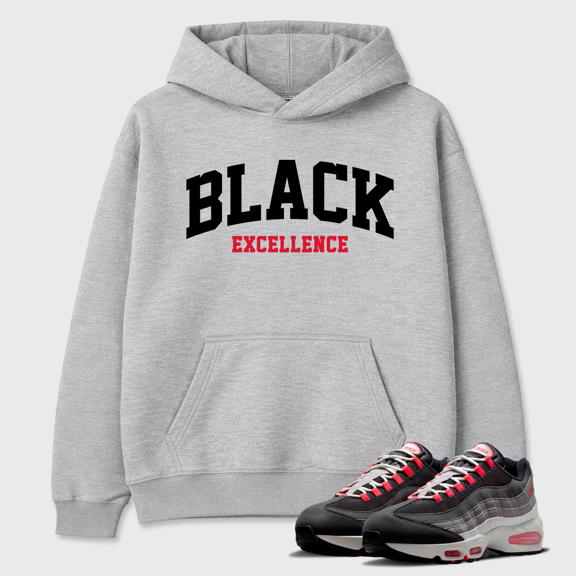Varsity Black Excellence Graphic T-Shirt featuring original streetwear artwork designed to match the Air Max 95 Reverse Solar Red. Heather Grey 1 Graphic Tee.