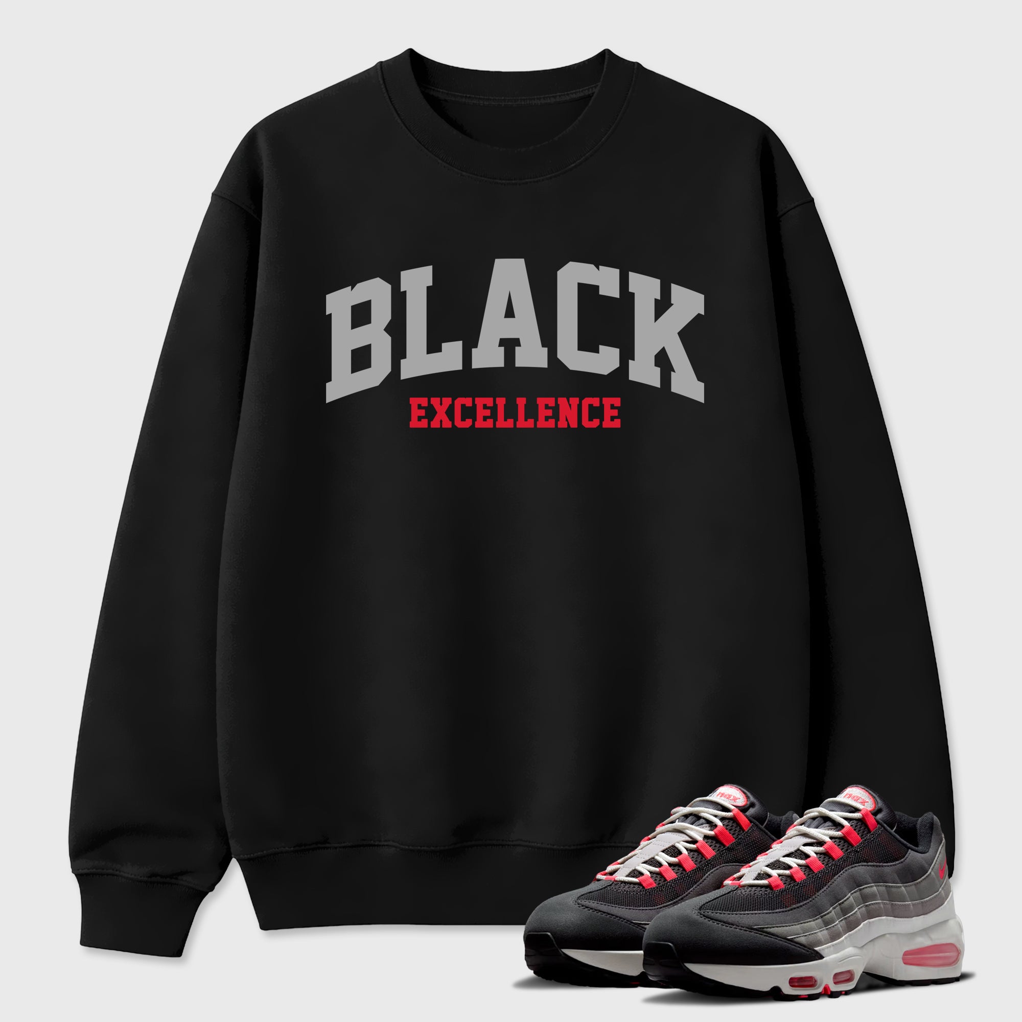 Varsity Black Excellence Graphic T-Shirt featuring original streetwear artwork designed to match the Air Max 95 Reverse Solar Red. Black 1 Graphic Tee.