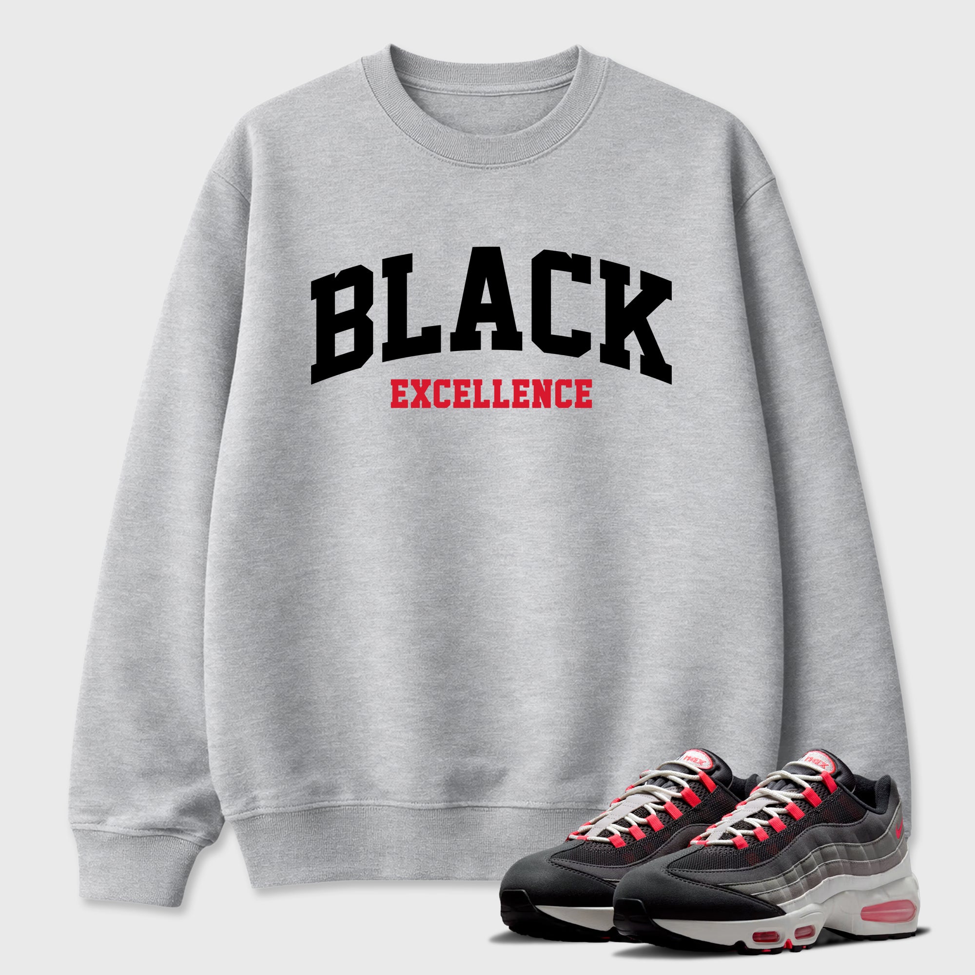 Varsity Black Excellence Graphic T-Shirt featuring original streetwear artwork designed to match the Air Max 95 Reverse Solar Red. Heather Grey 1 Graphic Tee.