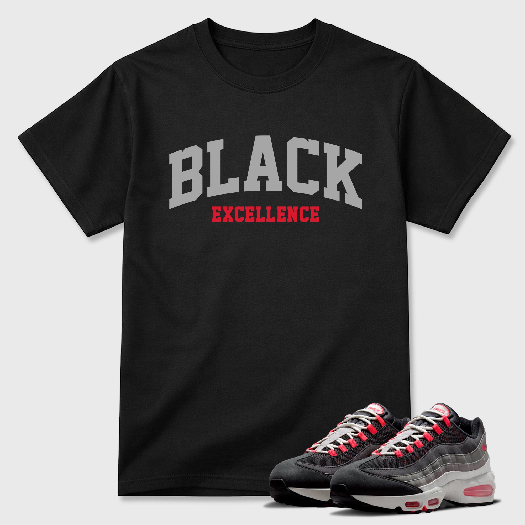 Varsity Black Excellence Graphic T-Shirt featuring original streetwear artwork designed to match the Air Max 95 Reverse Solar Red. Black 1 Graphic T-Shirt.