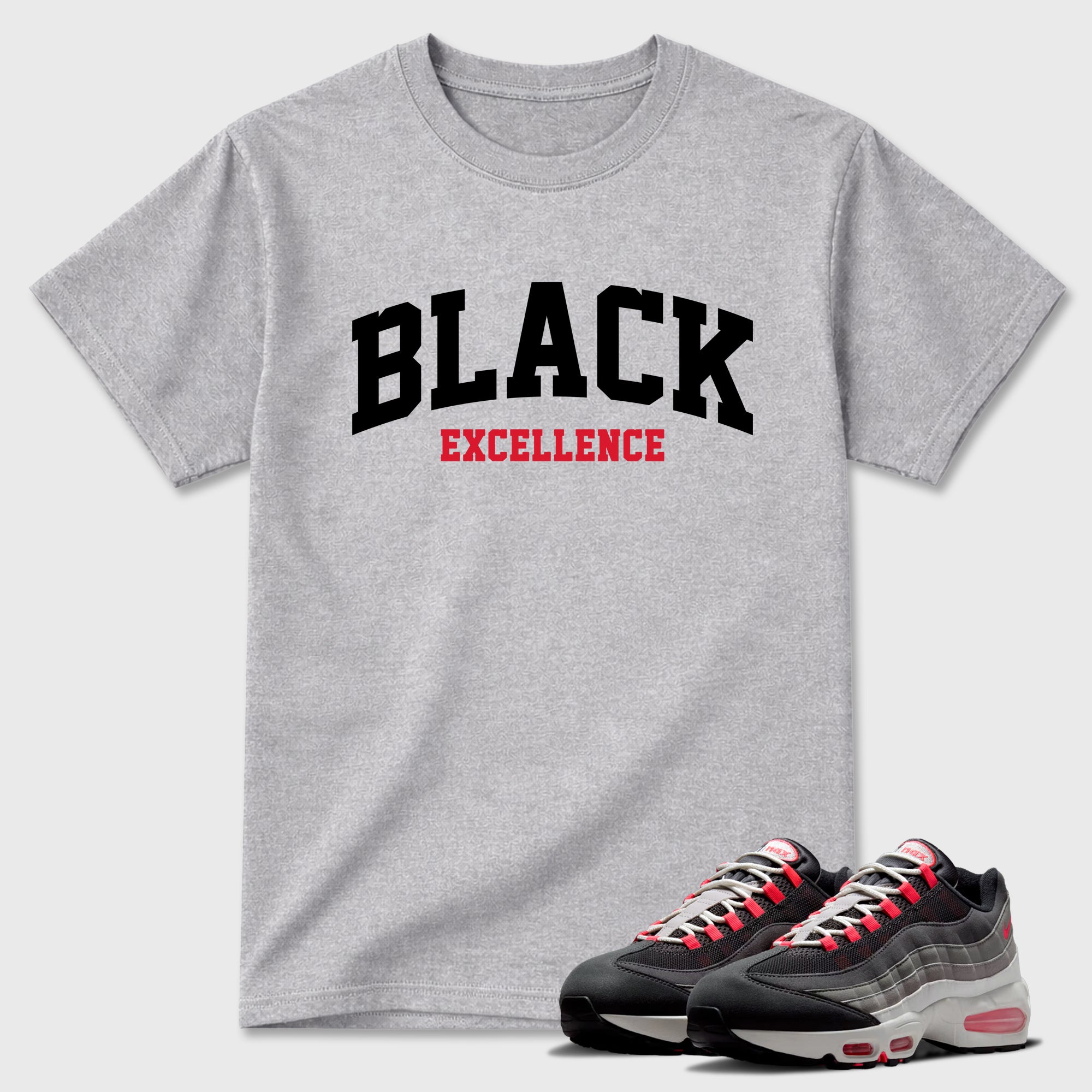 Varsity Black Excellence Graphic T-Shirt featuring original streetwear artwork designed to match the Air Max 95 Reverse Solar Red. Heather Grey 1 Graphic T-Shirt.
