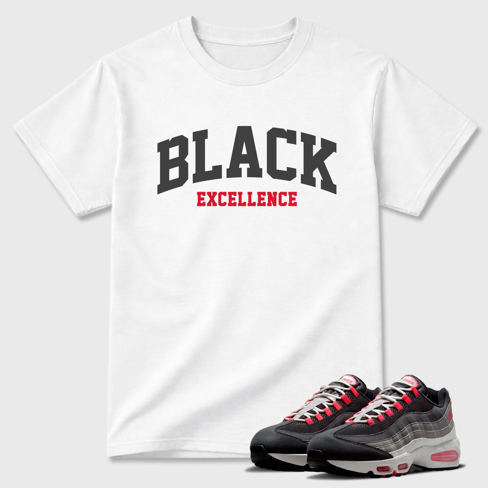 Varsity Black Excellence Graphic T-Shirt featuring original streetwear artwork designed to match the Air Max 95 Reverse Solar Red. White 1 Graphic T-Shirt.