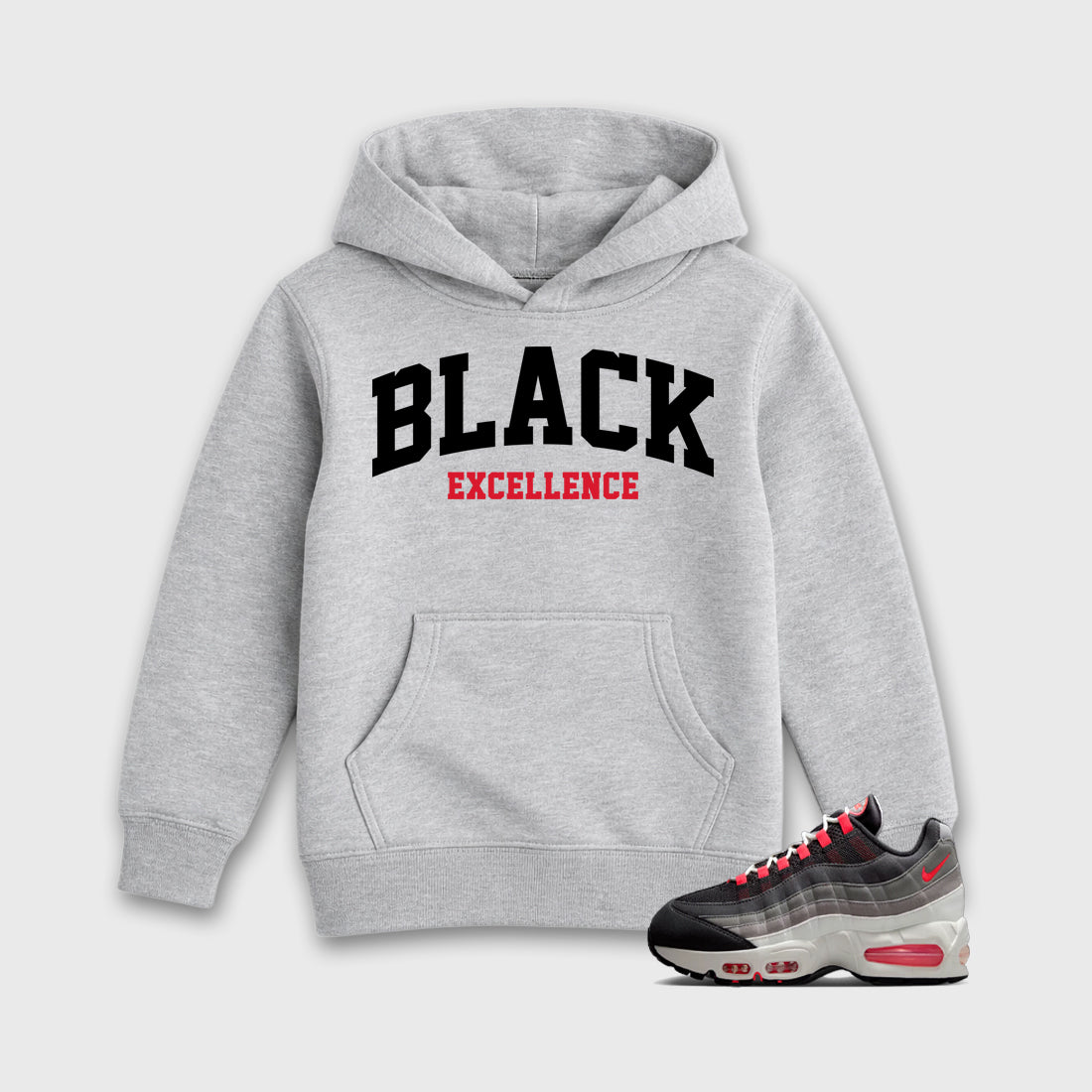 Varsity Black Excellence Baby & Kids Graphic Hoodie featuring original artwork designed to match the Air Max 95 Reverse Solar Red. Heather Grey 1 Kids Graphic Sweater.