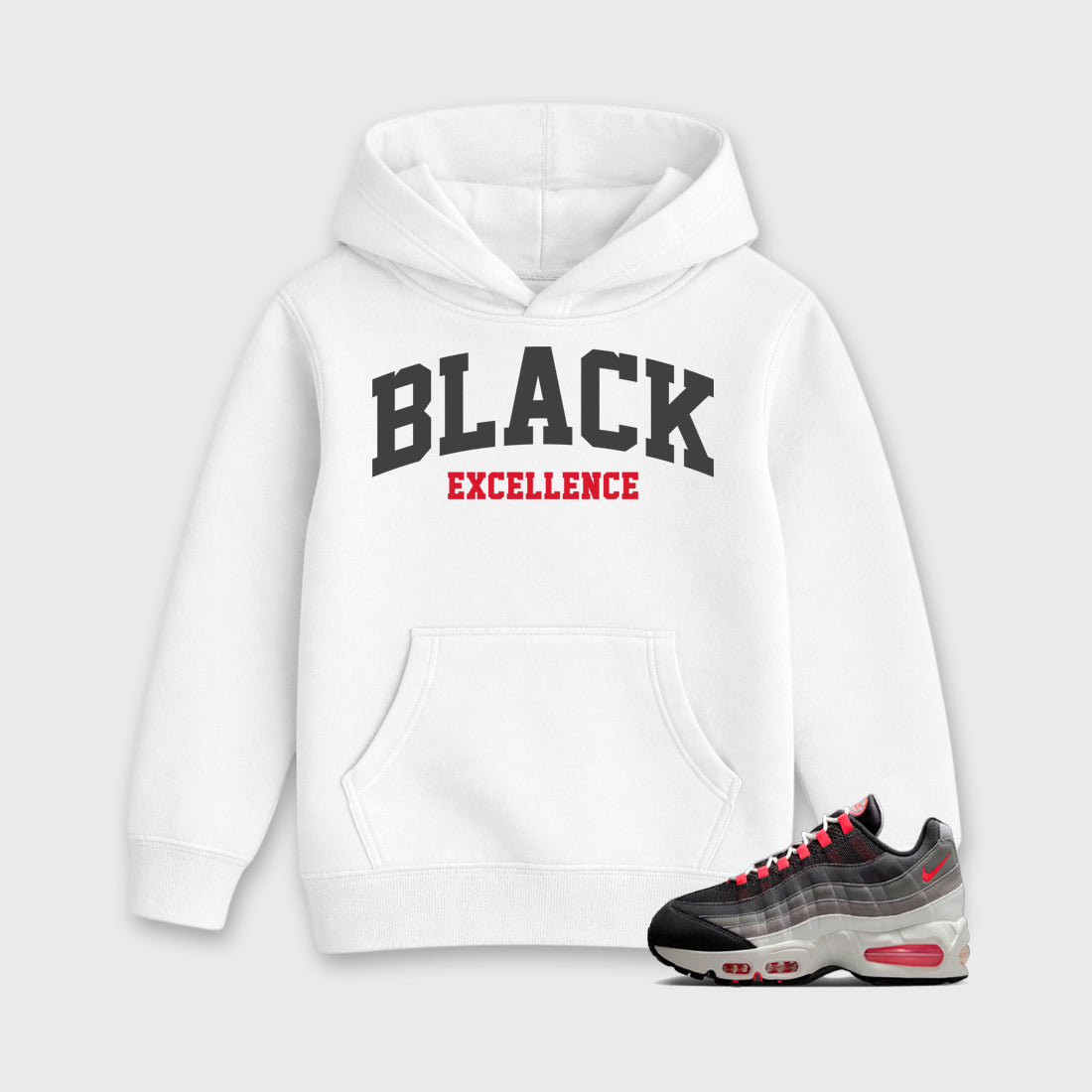 Varsity Black Excellence Baby & Kids Graphic Hoodie featuring original artwork designed to match the Air Max 95 Reverse Solar Red. White 1 Kids Graphic Sweater.