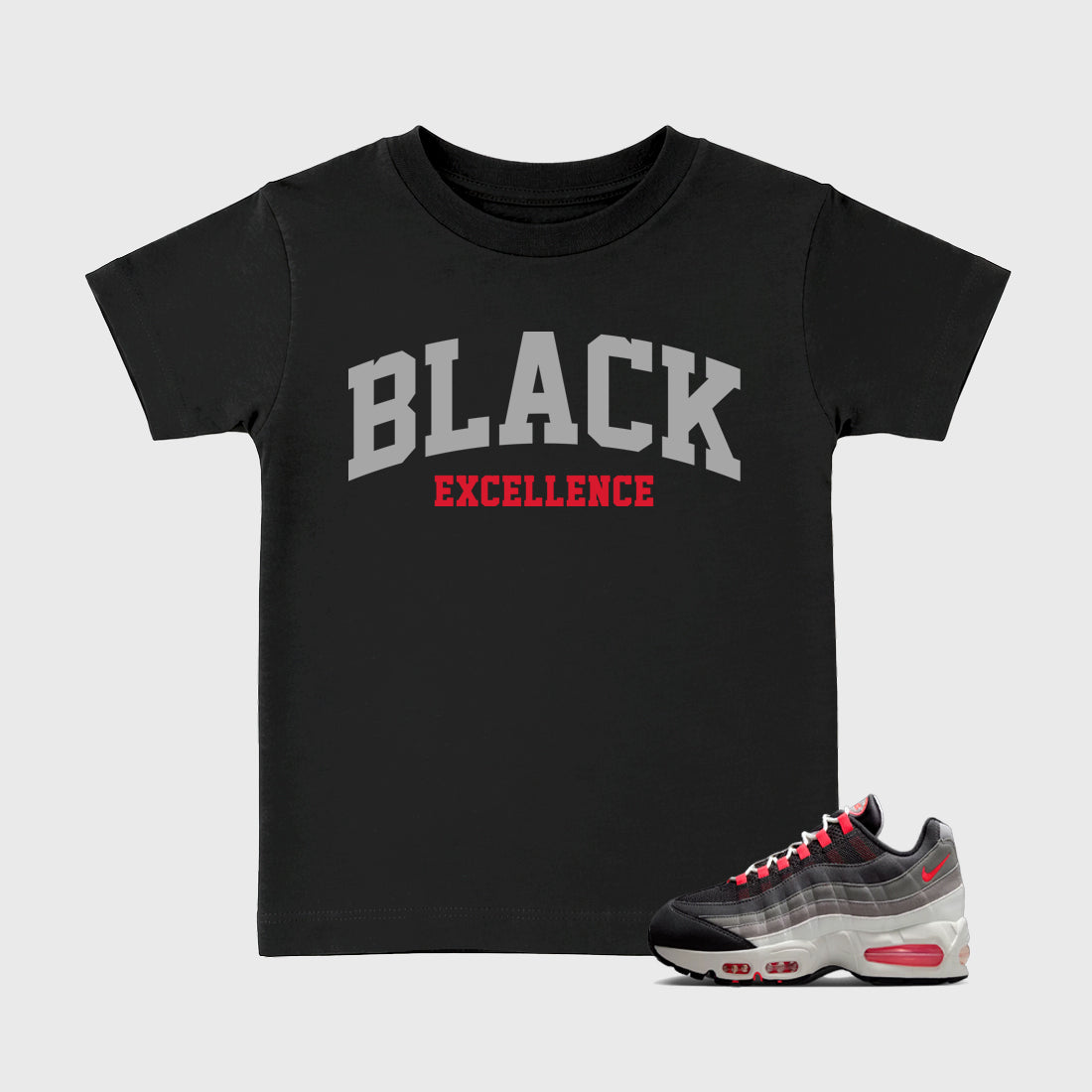 Varsity Black Excellence Baby & Kids Graphic T-Shirt featuring original artwork designed to match the Air Max 95 Reverse Solar Red. Black 1 Kids Graphic Tee.