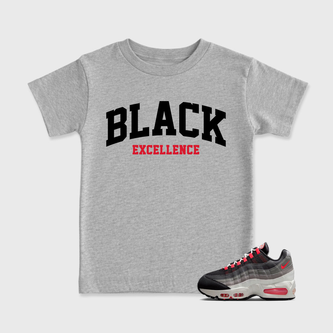 Varsity Black Excellence Baby & Kids Graphic T-Shirt featuring original artwork designed to match the Air Max 95 Reverse Solar Red. Heather Grey 1 Kids Graphic Tee.