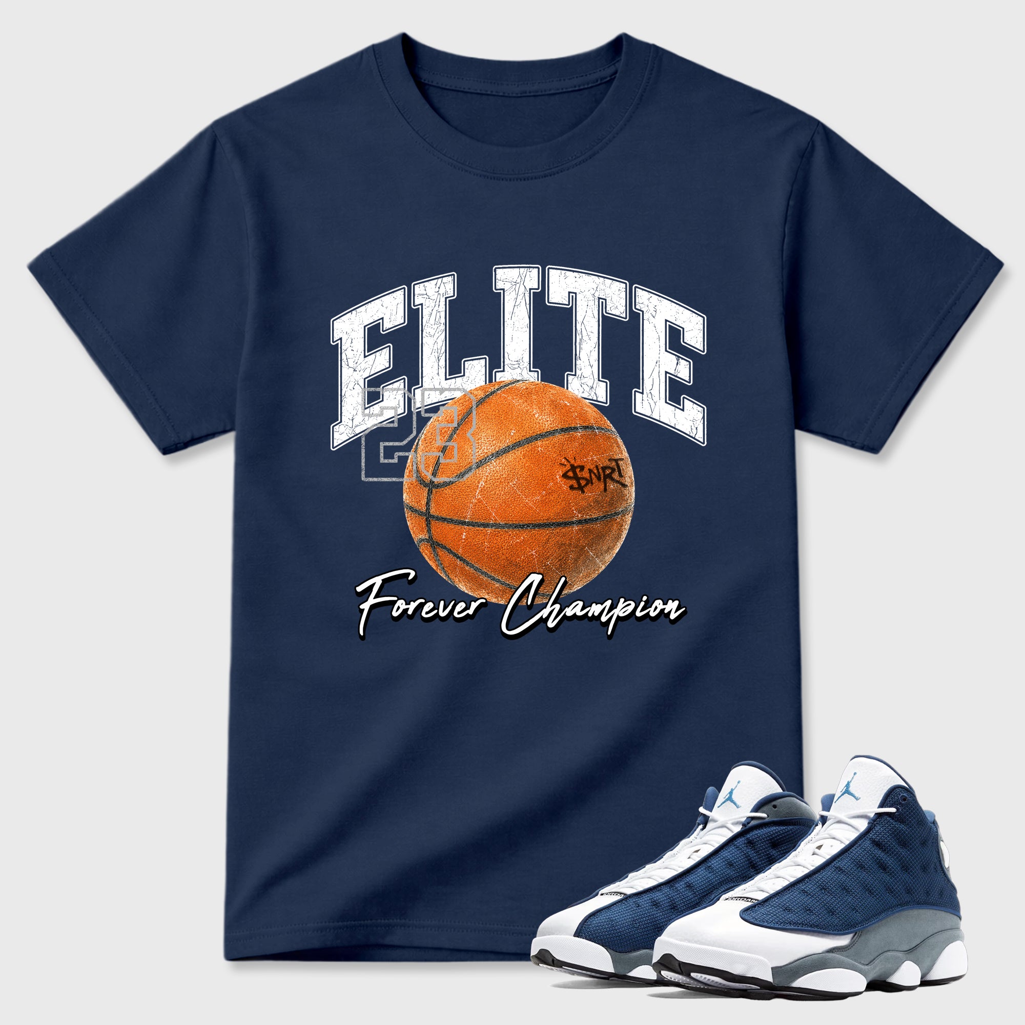 Varsity Elite Graphic T-Shirt featuring original streetwear artwork designed to match the Air Jordan 13 Flint. Navy 1 Graphic T-Shirt.