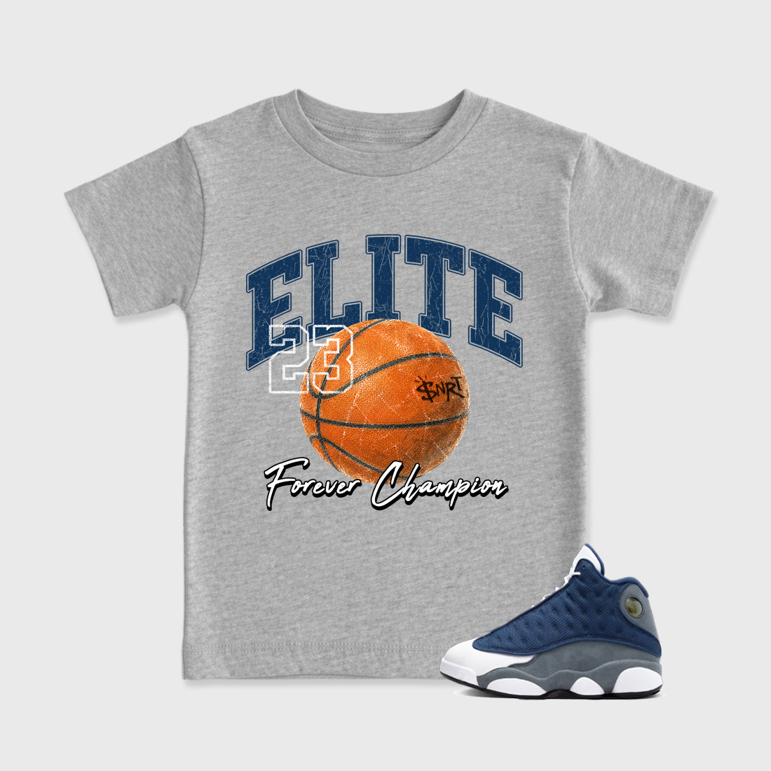 Varsity Elite Baby & Kids Graphic T-Shirt featuring original artwork designed to match the Air Jordan 13 Flint. Heather Grey 1 Kids Graphic Tee.