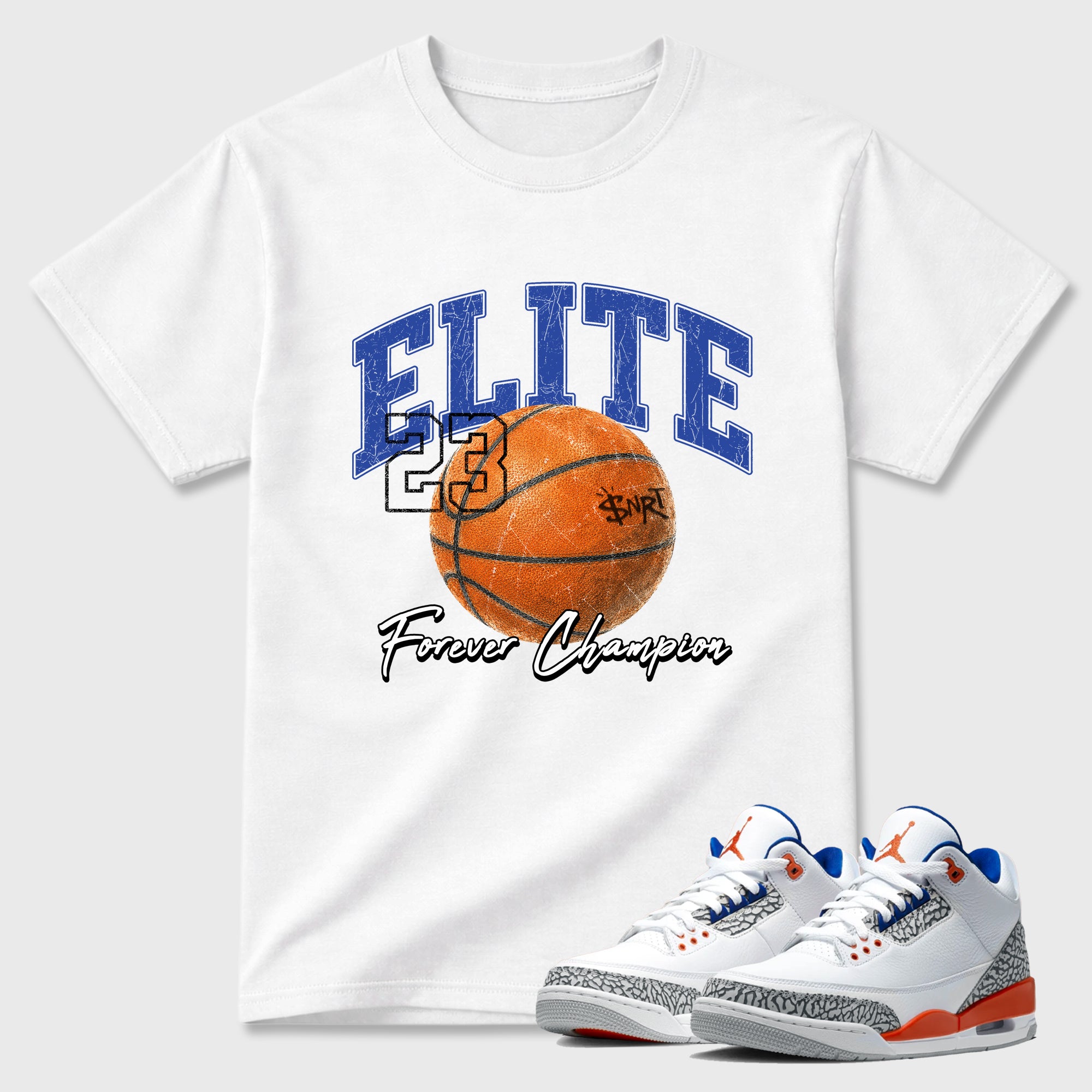 Varsity Elite Graphic T-Shirt featuring original streetwear artwork designed to match the Air Jordan 3 Knicks. White 1 Graphic T-Shirt.