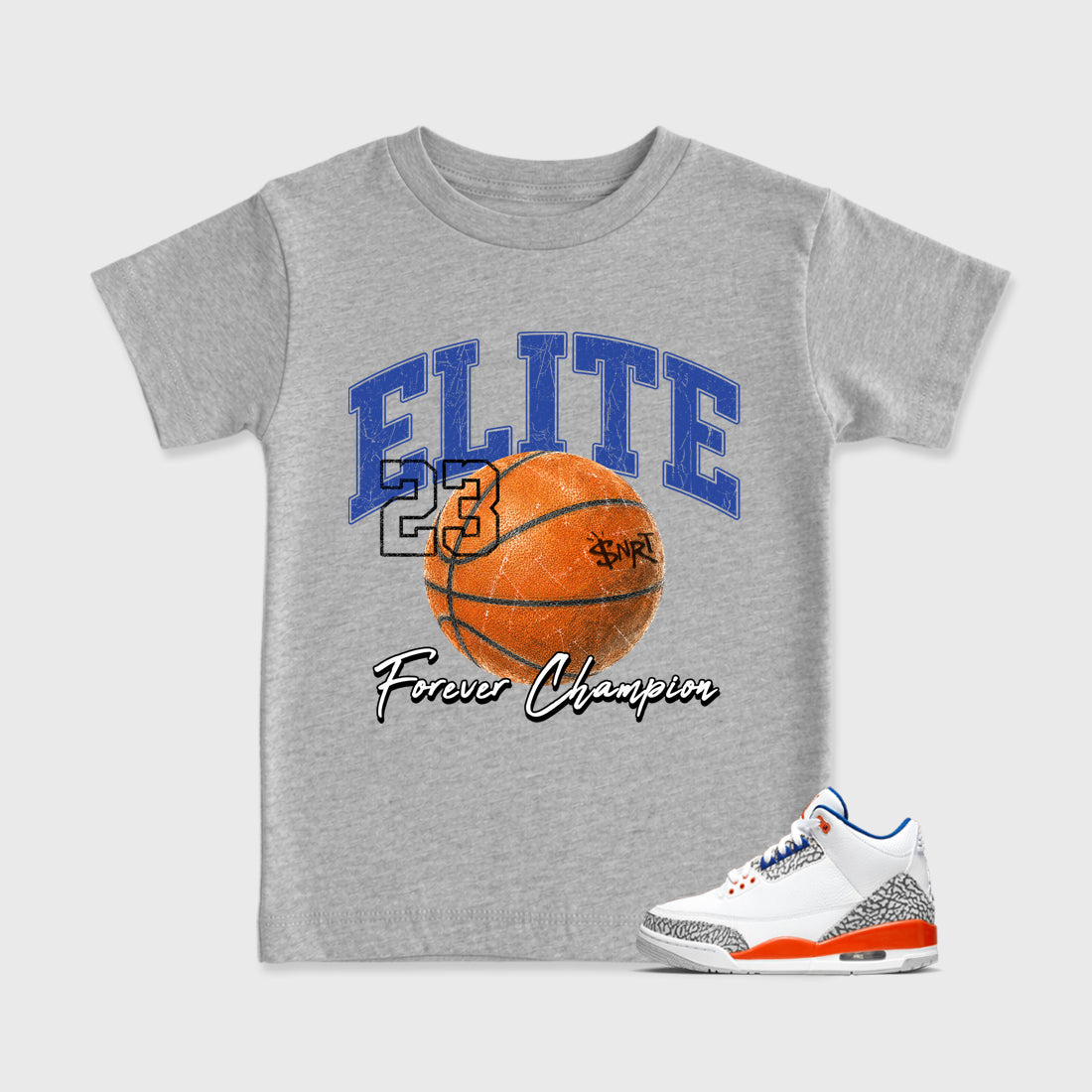 Varsity Elite Baby & Kids Graphic T-Shirt featuring original artwork designed to match the Air Jordan 3 Knicks. Heather Grey 1 Kids Graphic Tee.
