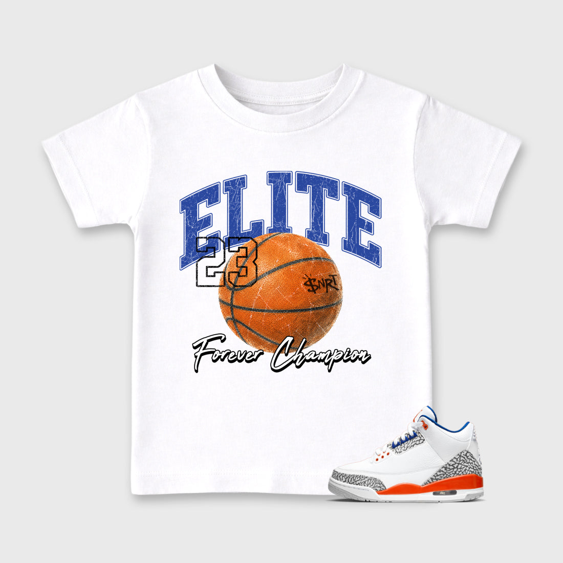 Varsity Elite Baby & Kids Graphic T-Shirt featuring original artwork designed to match the Air Jordan 3 Knicks. White 1 Kids Graphic Tee.