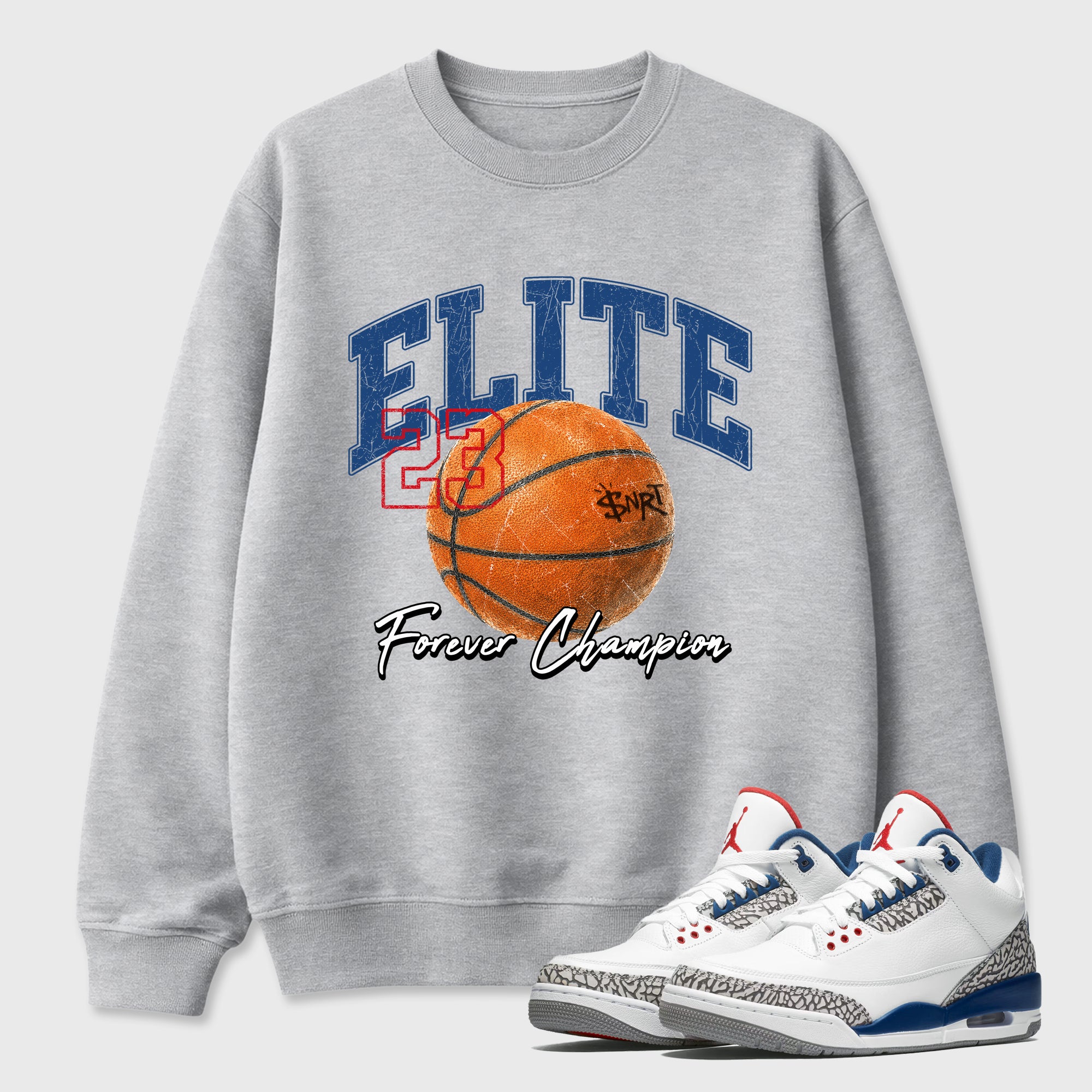 Varsity Elite Graphic T-Shirt featuring original streetwear artwork designed to match the Air Jordan 3 True Blue. Heather Grey 1 Graphic Tee.