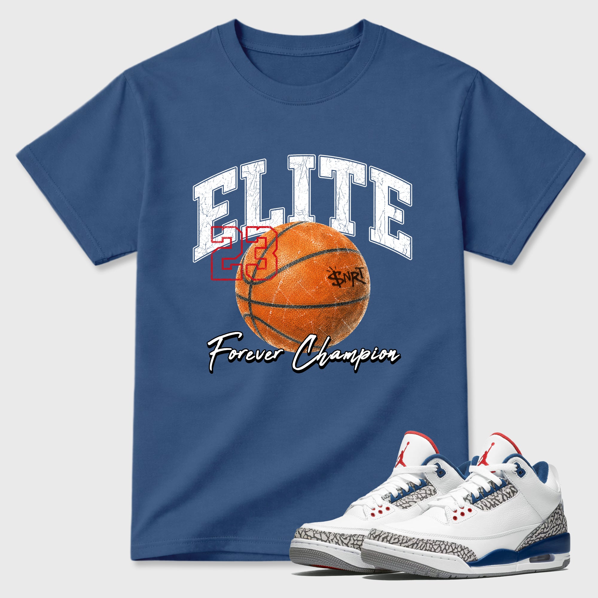 Varsity Elite Graphic T-Shirt featuring original streetwear artwork designed to match the Air Jordan 3 True Blue. Denim Blue 1 Graphic T-Shirt.