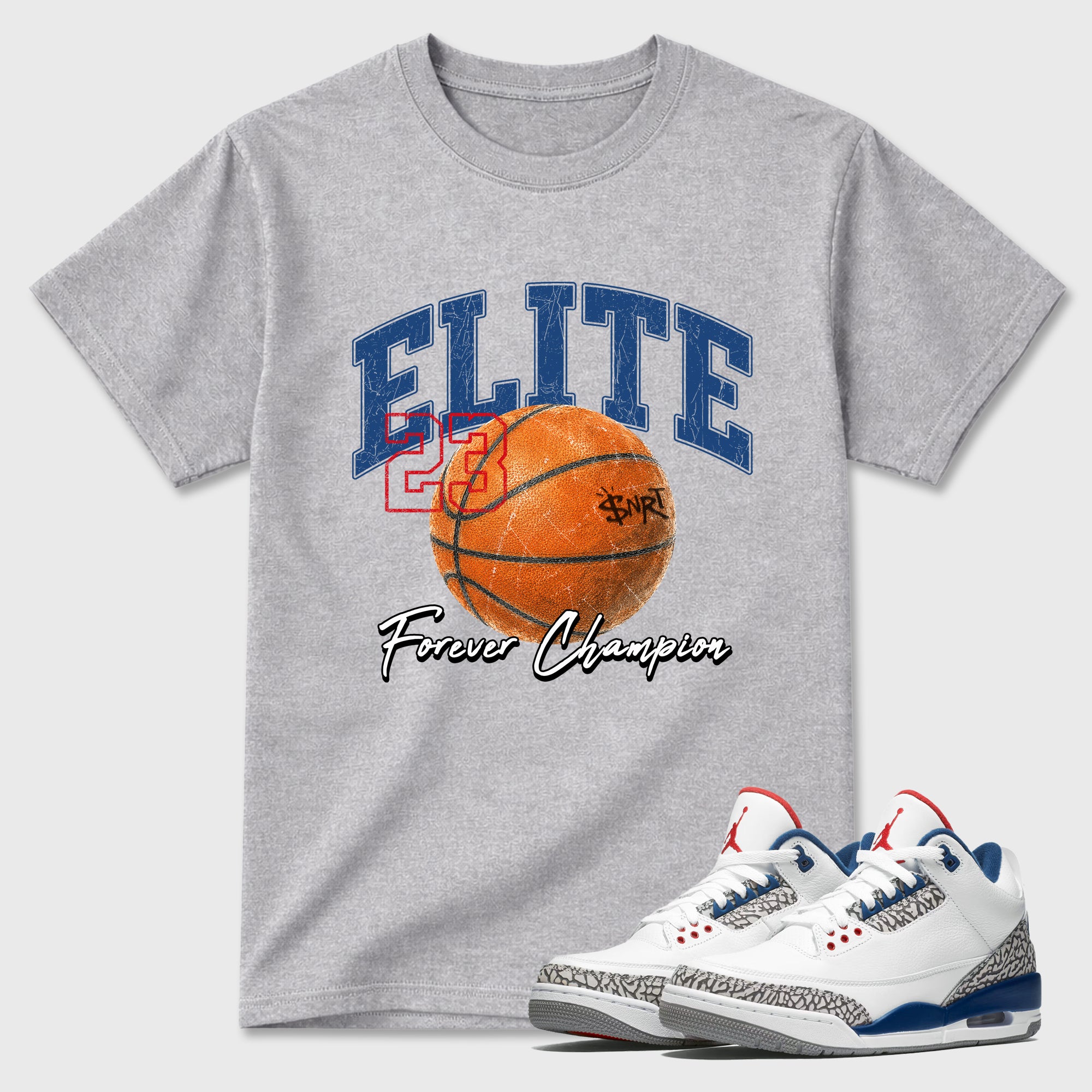 Varsity Elite Graphic T-Shirt featuring original streetwear artwork designed to match the Air Jordan 3 True Blue. Heather Grey 1 Graphic T-Shirt.