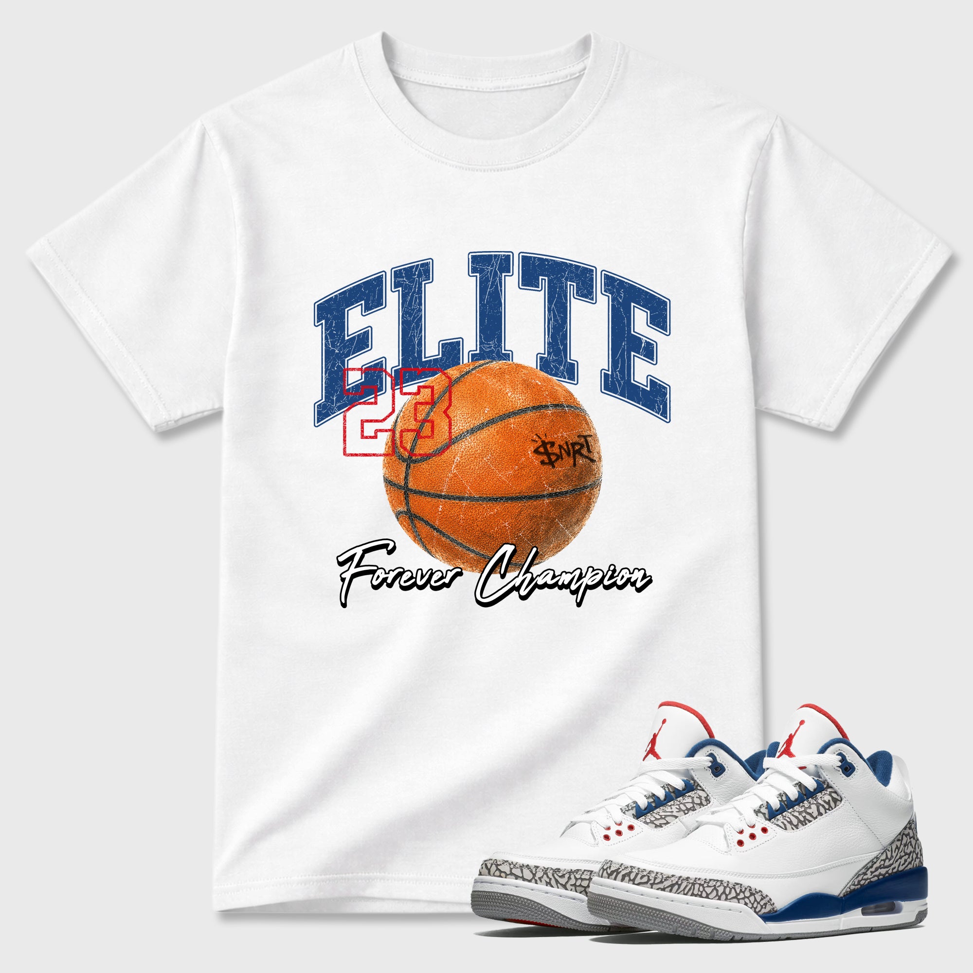 Varsity Elite Graphic T-Shirt featuring original streetwear artwork designed to match the Air Jordan 3 True Blue. White 1 Graphic T-Shirt.