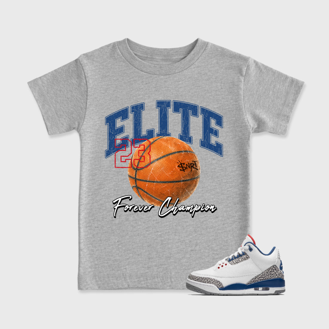 Varsity Elite Baby & Kids Graphic T-Shirt featuring original artwork designed to match the Air Jordan 3 True Blue. Heather Grey 1 Kids Graphic Tee.