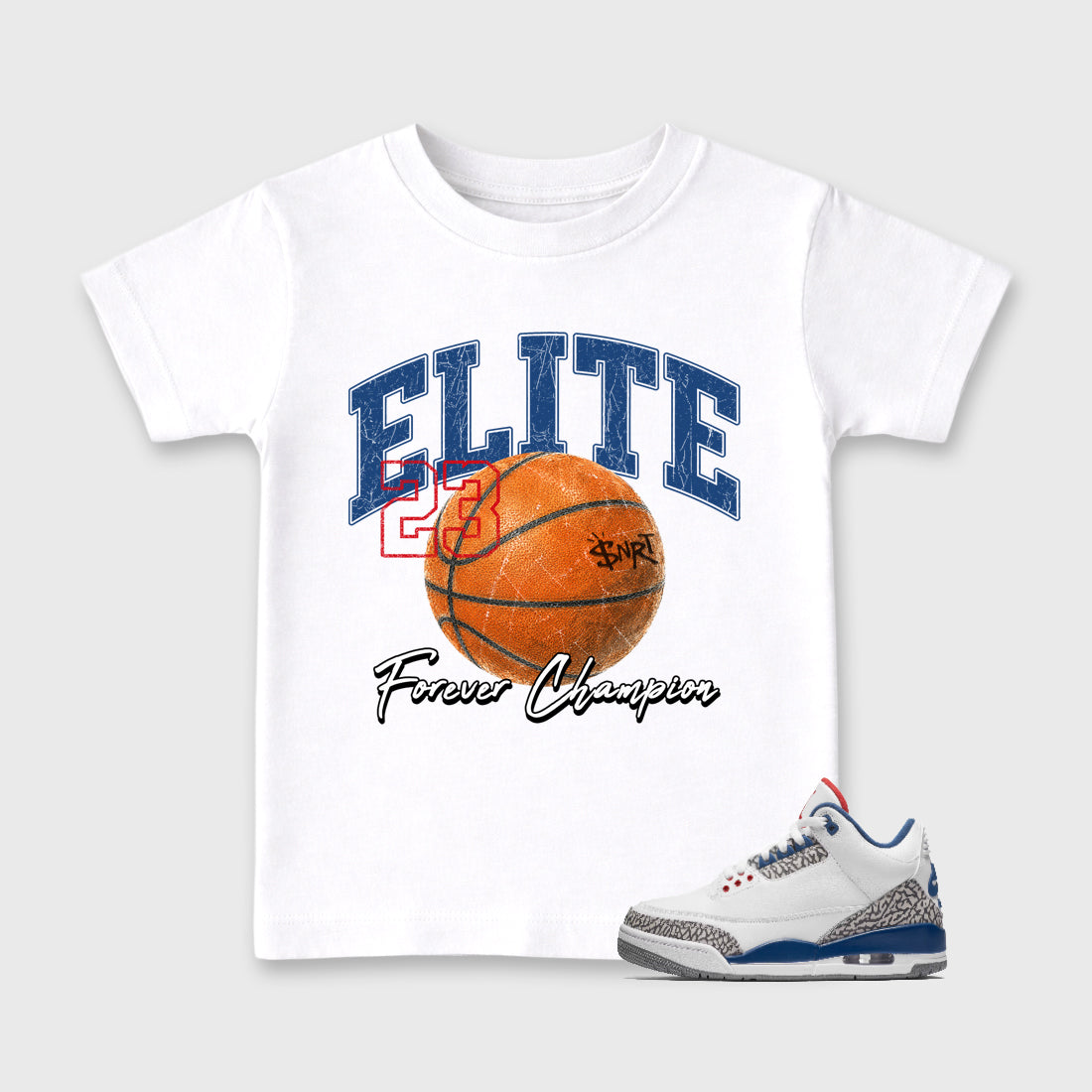 Varsity Elite Baby & Kids Graphic T-Shirt featuring original artwork designed to match the Air Jordan 3 True Blue. White 1 Kids Graphic Tee.