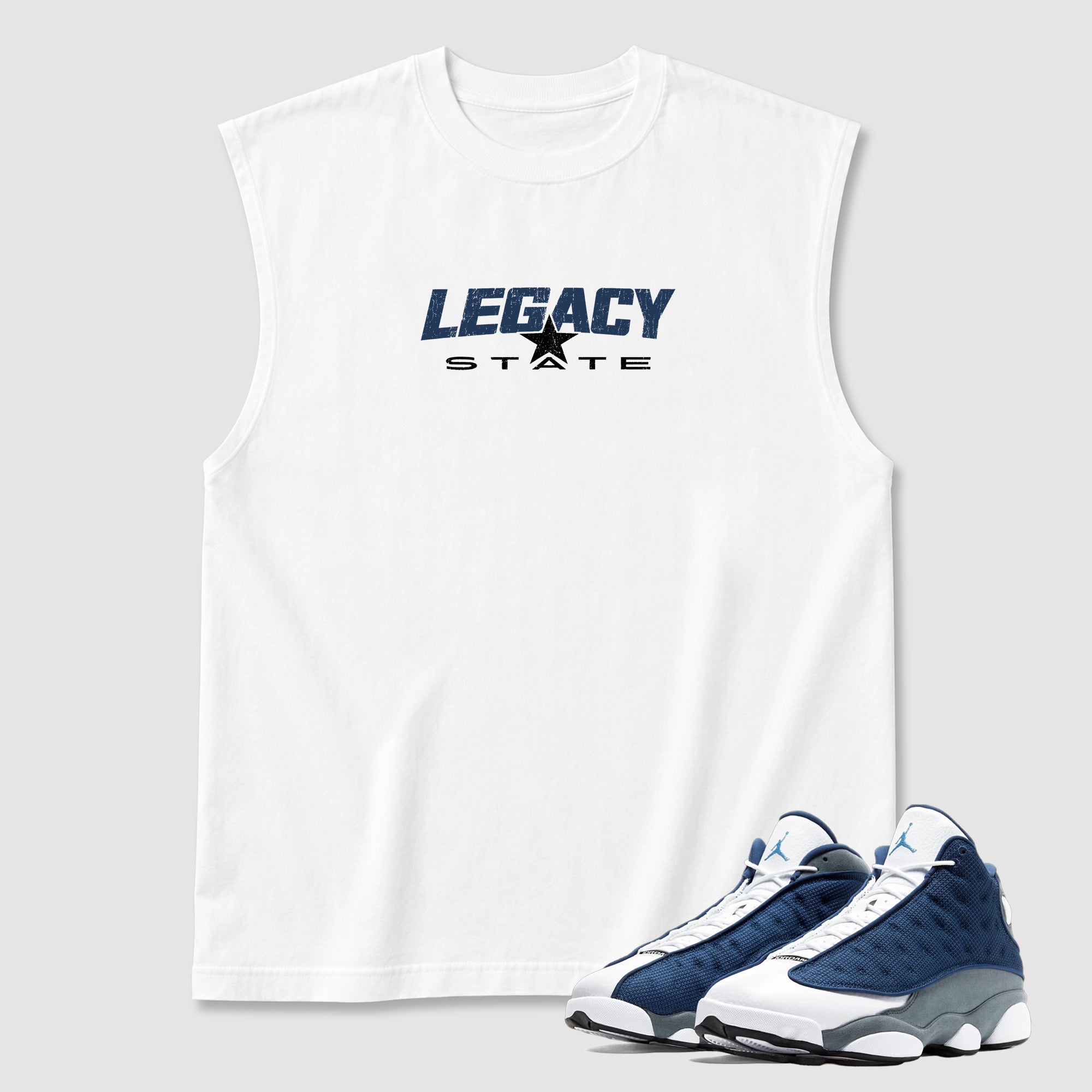 Varsity Legacy State men's graphic muscle t-shirt designed to match the Air Jordan 13 Flint, featuring coordinated Black 2 graphics for the perfect streetwear look.