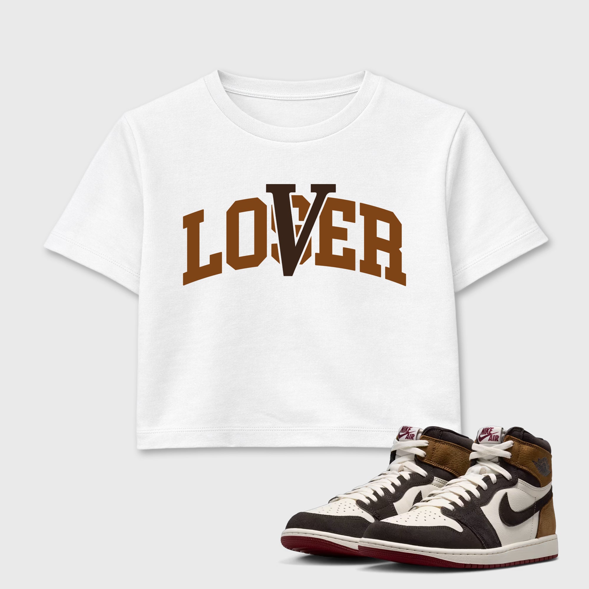 Varsity Loser Lover women’s crop tee designed to match the Air Jordan 1 Love Letter, featuring coordinated White 1 options for a perfect streetwear vibe.