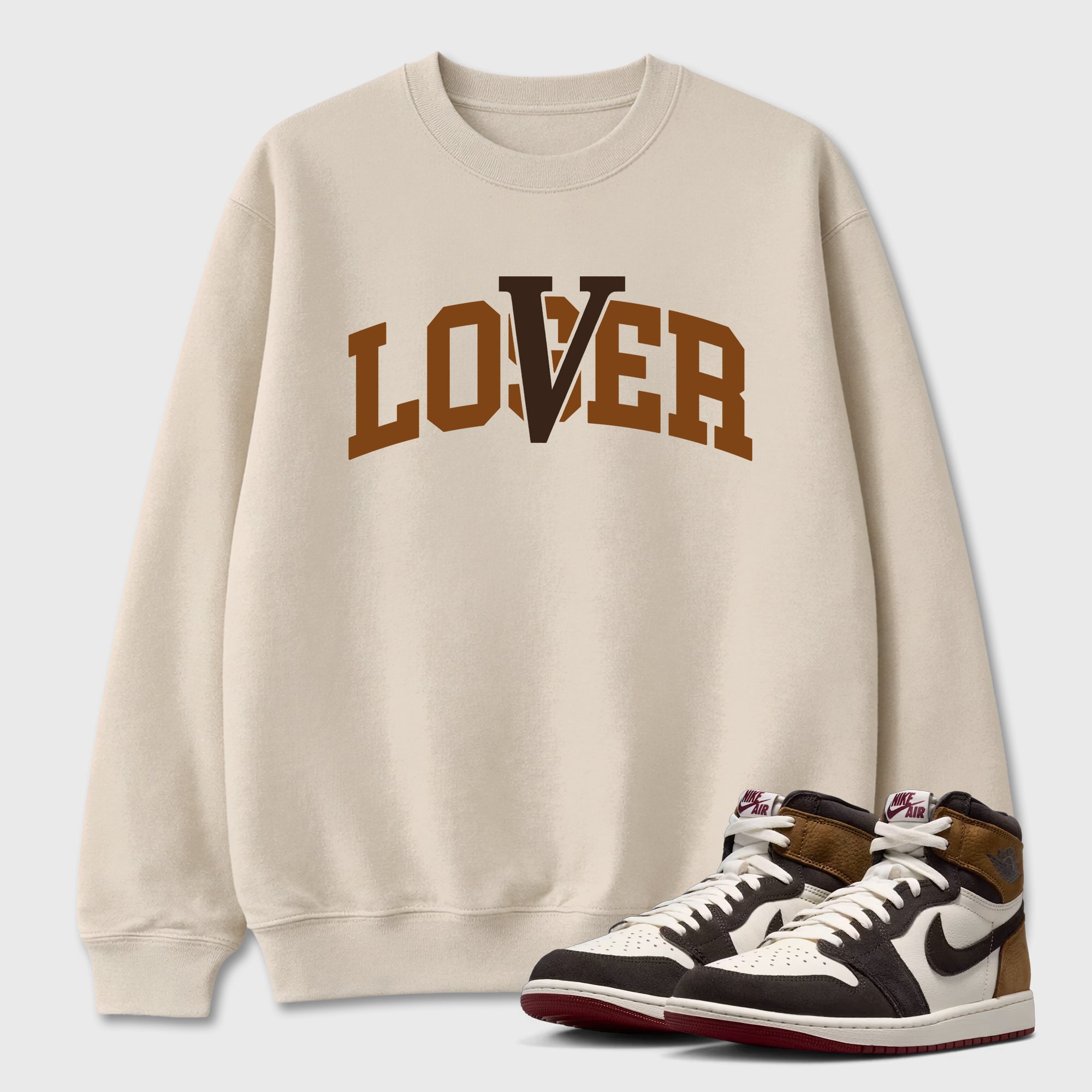 Varsity Loser Lover Graphic T-Shirt featuring original streetwear artwork designed to match the Air Jordan 1 Love Letter. Natural 1 Graphic Tee.