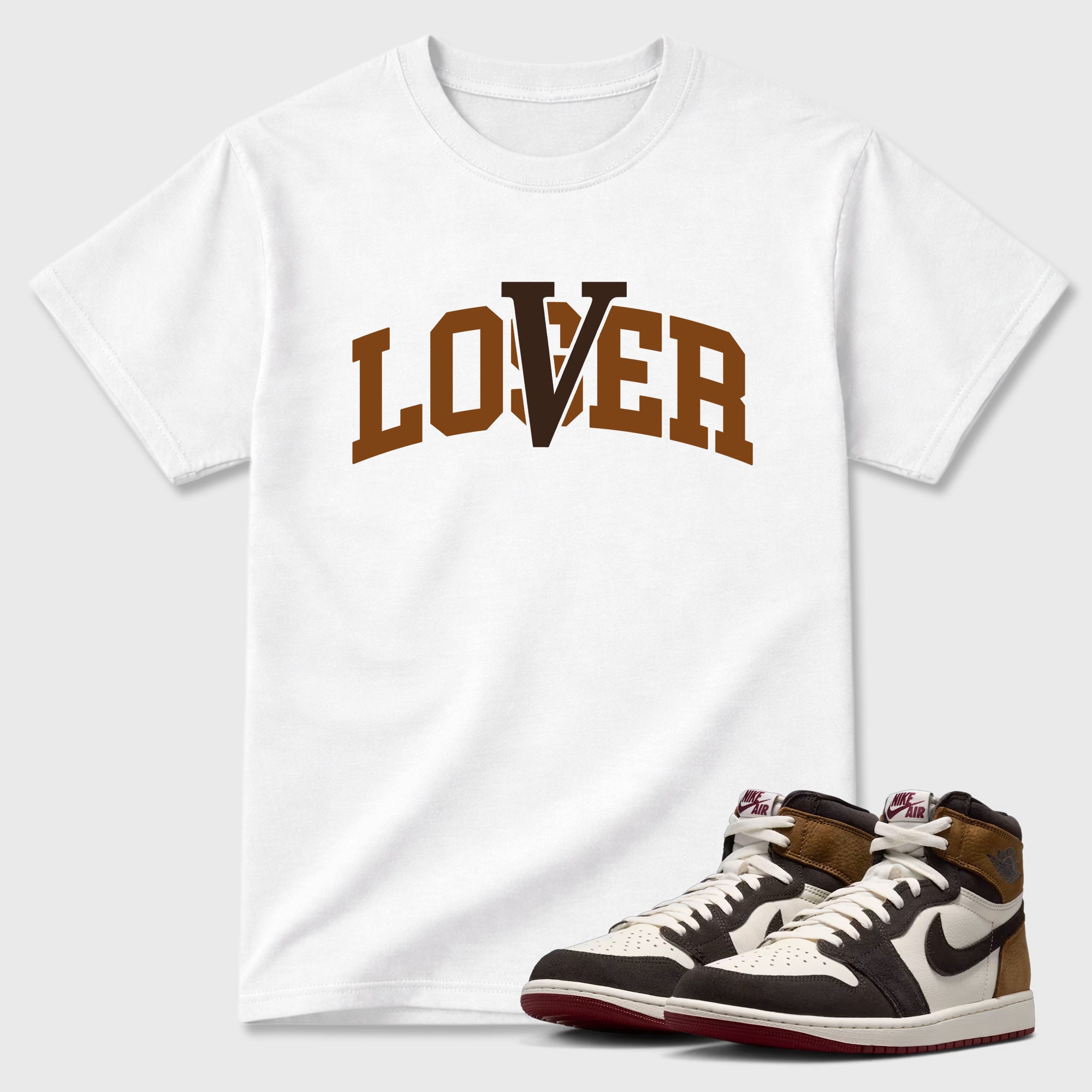 Varsity Loser Lover Graphic T-Shirt featuring original streetwear artwork designed to match the Air Jordan 1 Love Letter. White 1 Graphic T-Shirt.
