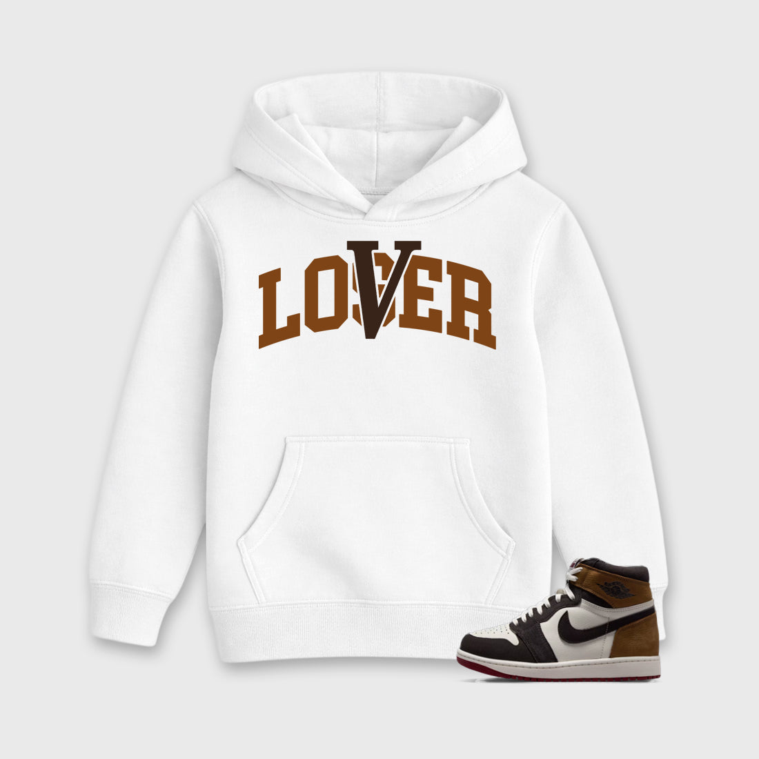 Varsity Loser Lover Baby & Kids Graphic Hoodie featuring original artwork designed to match the Air Jordan 1 Love Letter. White 1 Kids Graphic Sweater.