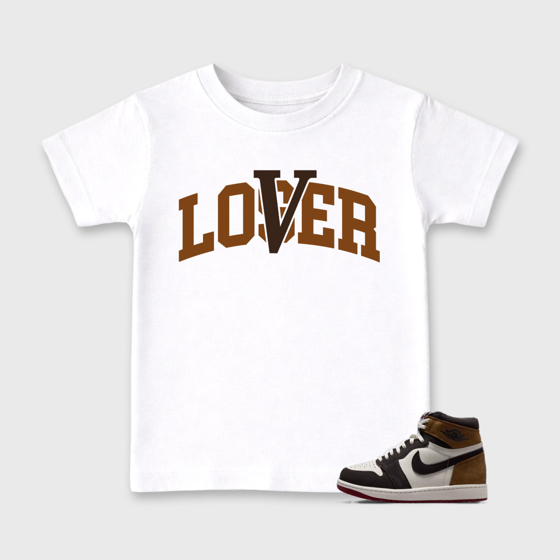 Varsity Loser Lover Baby & Kids Graphic T-Shirt featuring original artwork designed to match the Air Jordan 1 Love Letter. White 1 Kids Graphic Tee.