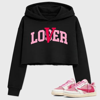 Varsity Loser Lover women’s crop tee designed to match the Air Jordan 1 Travis Scott Tropical Pink, featuring coordinated Black 1 options for a perfect streetwear vibe.