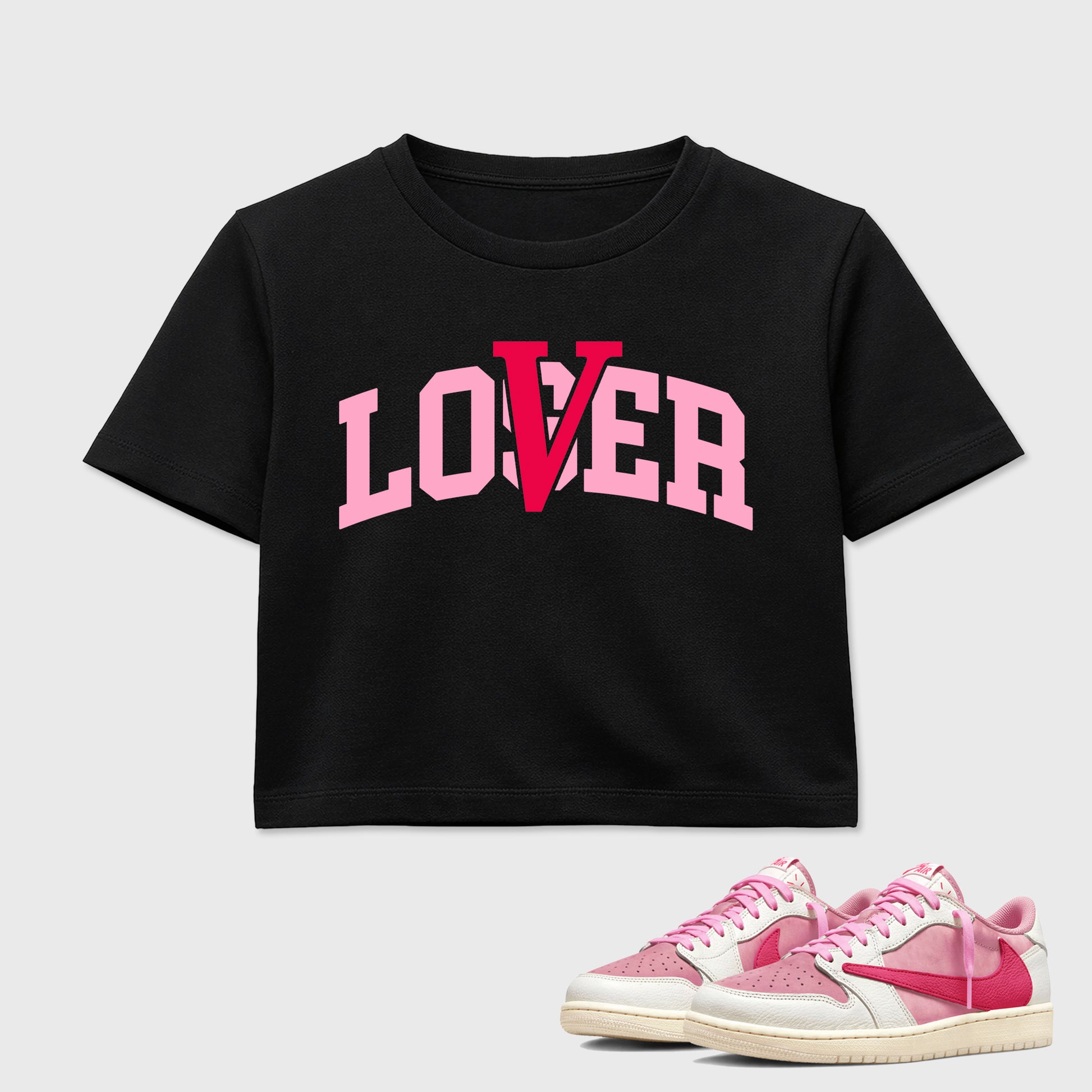 Varsity Loser Lover women’s crop tee designed to match the Air Jordan 1 Travis Scott Tropical Pink, featuring coordinated Black 1 options for a perfect streetwear vibe.