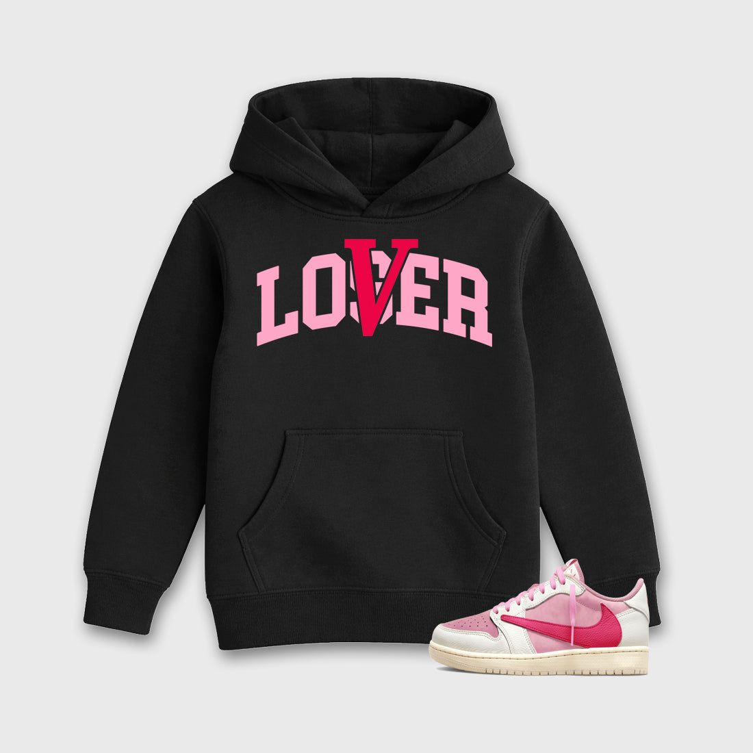 Varsity Loser Lover affordable baby and kids t-shirt designed to match the Air Jordan 1 Travis Scott Tropical Pink, featuring coordinated Black 1 options for the perfect little sneakerhead streetwear look.