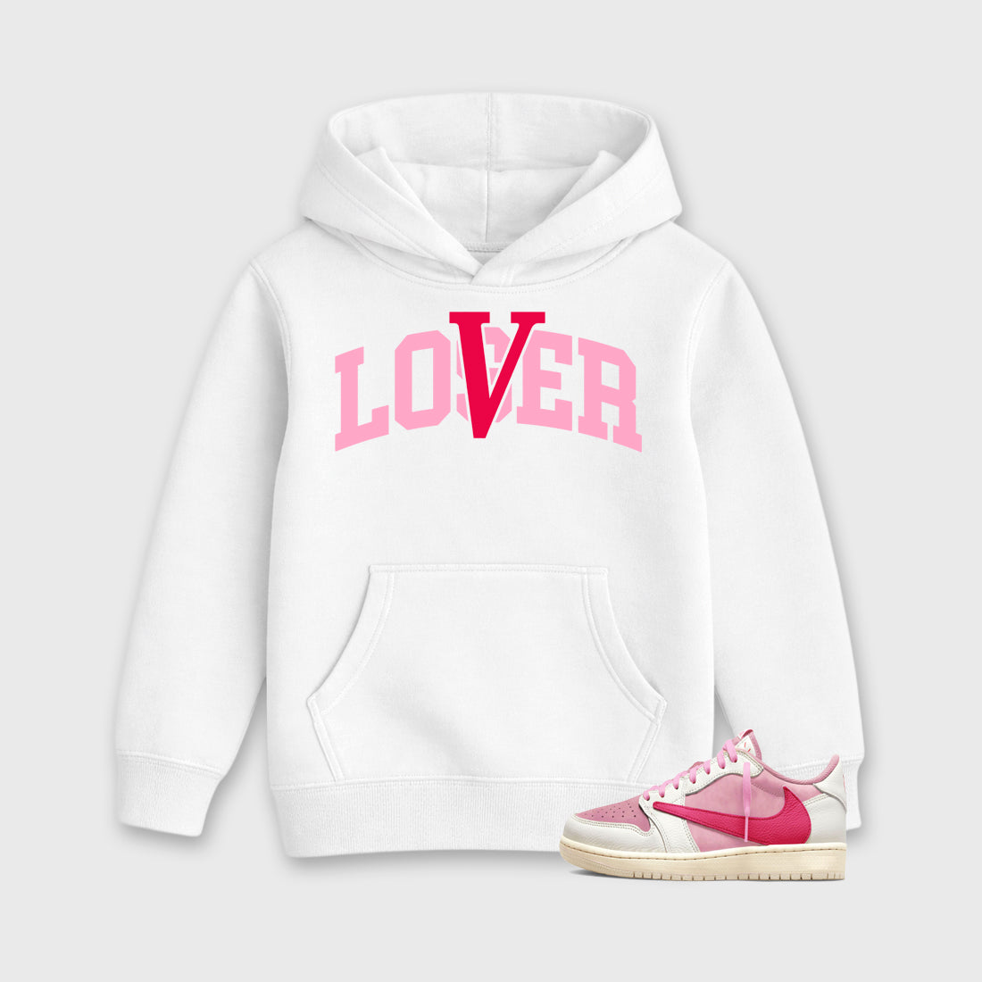 Varsity Loser Lover affordable baby and kids t-shirt designed to match the Air Jordan 1 Travis Scott Tropical Pink, featuring coordinated White 1 options for the perfect little sneakerhead streetwear look.