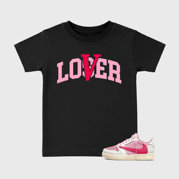 Varsity Loser Lover affordable baby and kids t-shirt designed to match the Air Jordan 1 Travis Scott Tropical Pink, featuring coordinated Black 1 options for the perfect little sneakerhead streetwear look.