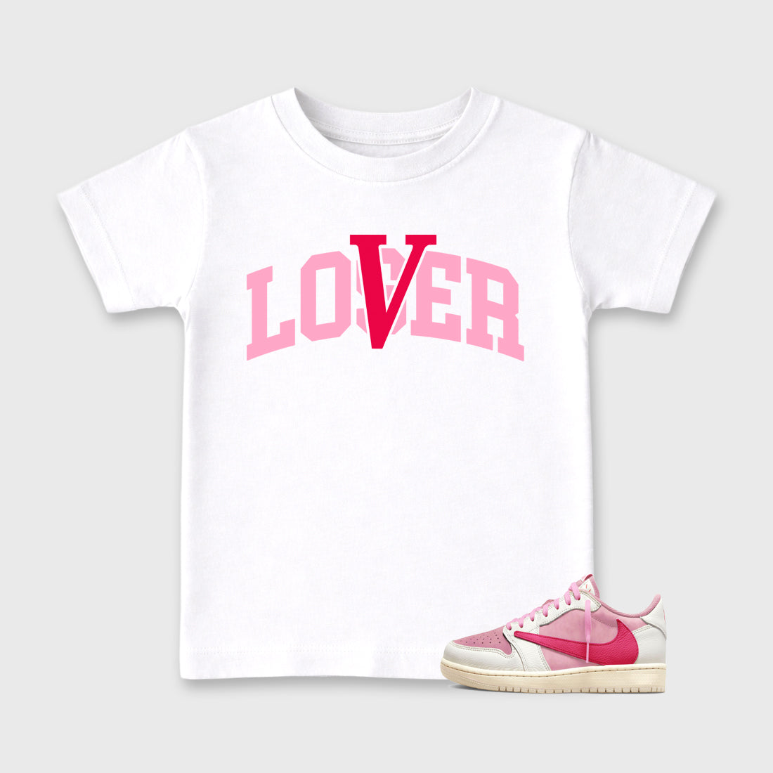 Varsity Loser Lover affordable baby and kids t-shirt designed to match the Air Jordan 1 Travis Scott Tropical Pink, featuring coordinated White 1 options for the perfect little sneakerhead streetwear look.